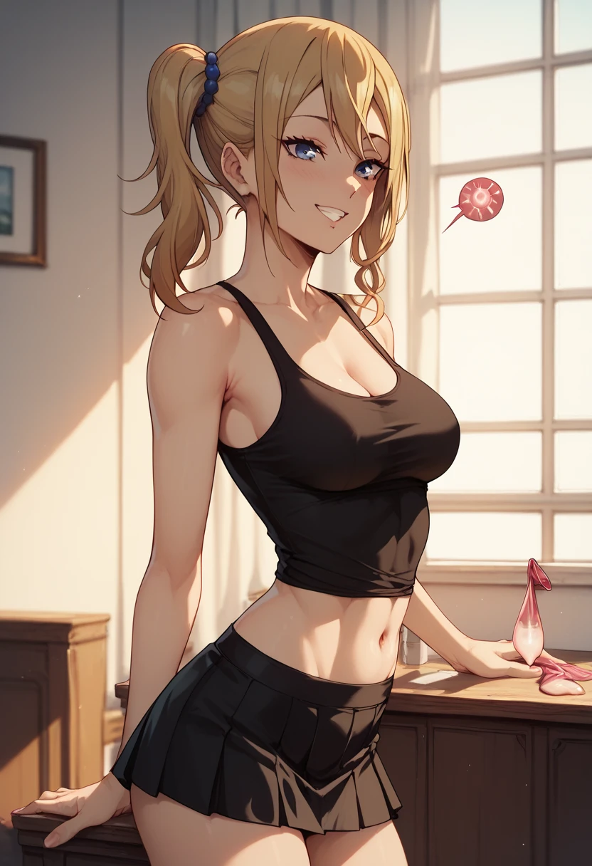 Hayasaka Ai, black short top, shirt, short skirt, sexy female body, medium firm breasts, a used condom filled with sperm in his teeth  