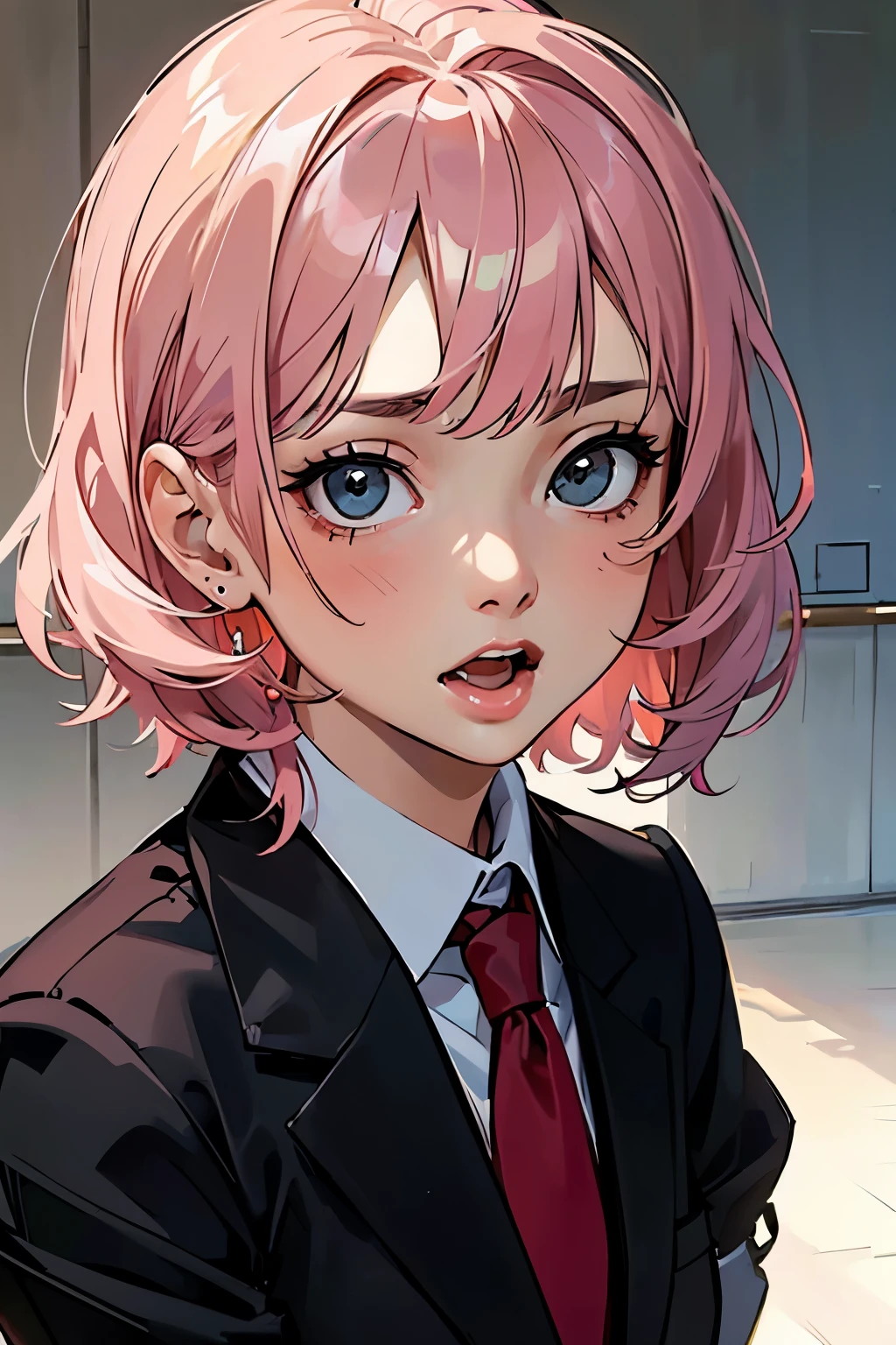 (highest quality:1.2), a 20-years-old girl is quided by a maid into an living room. embarrased face, a photorealistic cute girl, beautiful face,surprised face, European face, noble face, large eyes, beautiful lip,open mouth with confusion, Short-cut pink hair, upper body portrait aboube the knees, wearing black business suits, wearing red tie, wearing black skirt.
