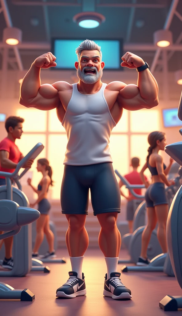 Generate an image of a 45-year-old man, shaven hair, short beard, chest with fur, wearing no shirt, navy blue shorts, black sneakers, in a gym, doing biceps exercises, along with friends. Pixar-style