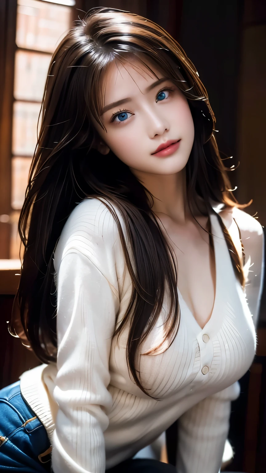 masterpiece, best quality, very detailed, facing the camera , 複雑に詳細な super detailed, Realistic, Sharp Features, very detailed, sharp concentration, perfect face, perfect face, Perfect Symmetry Perfect Eyes , Perfect Plump Lips, Flexible female body, Movie-like , film light , super detailed, hyper Realistic, masterpiece, vibe, high definition , lively, DYNAMIC STUDIO LIGHTING , ((Dark Background)), The expression when receiving pleasure, straight bang , underbust 、 blue eyes, white sweater, COWBOY SHOOTING , Big Breasts,