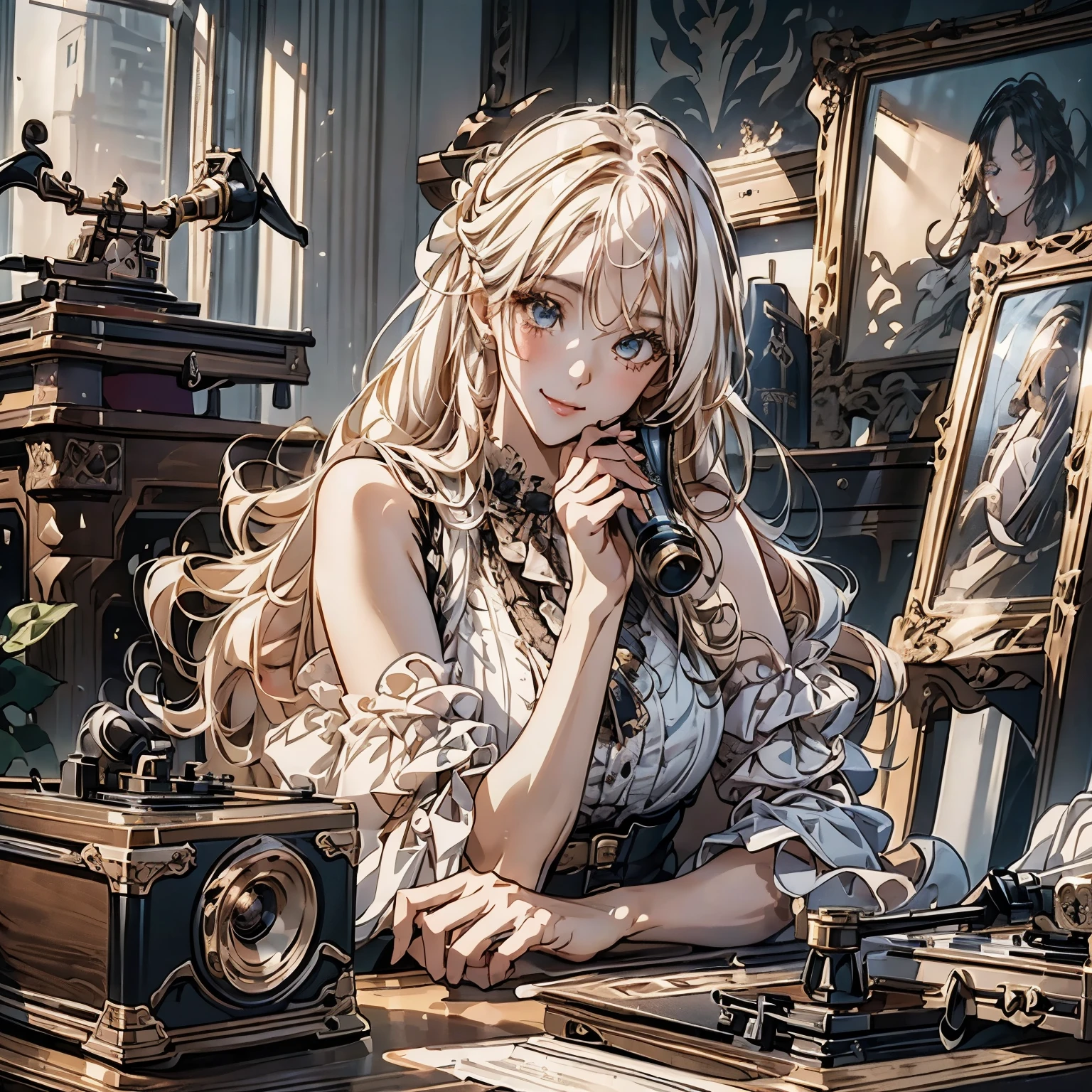 ((masterpiece)), (best quality), (details), ((large phonograph record player)), (operating a large phonograph record player),(not looking at the camera), (one girl),(very beautiful woman with a very cute smile),(very beautiful face with symmetry),(beautiful woman with mature charm),(strong highlights added to the eyes), (hyper-realistic), (illustration), (high resolution), (32k), (highly detailed), (best illustration), (beautiful detailed eyes), (official art), {{masterpiece, best quality, extremely detailed CG, Unity 8k wallpaper, cinematic lighting}}, (beautiful and aesthetic:1.2), (perfect female body), (soft body lines), listening to music on a vintage large phonograph record player at an antique desk, (beautifully crafted gothic phonograph), retro, stylish, cute girl sitting on a chair, antique desk, , panorama, dynamic angle, ((close up desk)), gothic outfit, quiet and elegant time, (( Large phonograph record player))