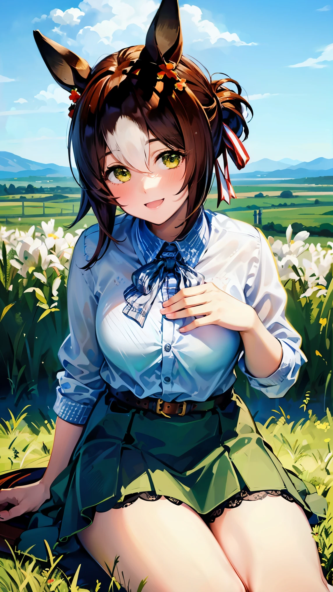 8k high resolution ( super detailed), masterpiece, ( best quality)　 Anime Illustration 　 detailed eyes on board,  detailed face 　 detailed hands 　Fine hair　 very elaborate body 、 fine skin 　 one girl　Horse Girl_Fine Motion　(fine motion \(Uma Musume\))　 green skirt , belt,  casual　 white shirt　Black underwear　Swollen breasts　 see here　Smiling face　Sitting on the grass　Triangle sitting　Like showing off your underwear