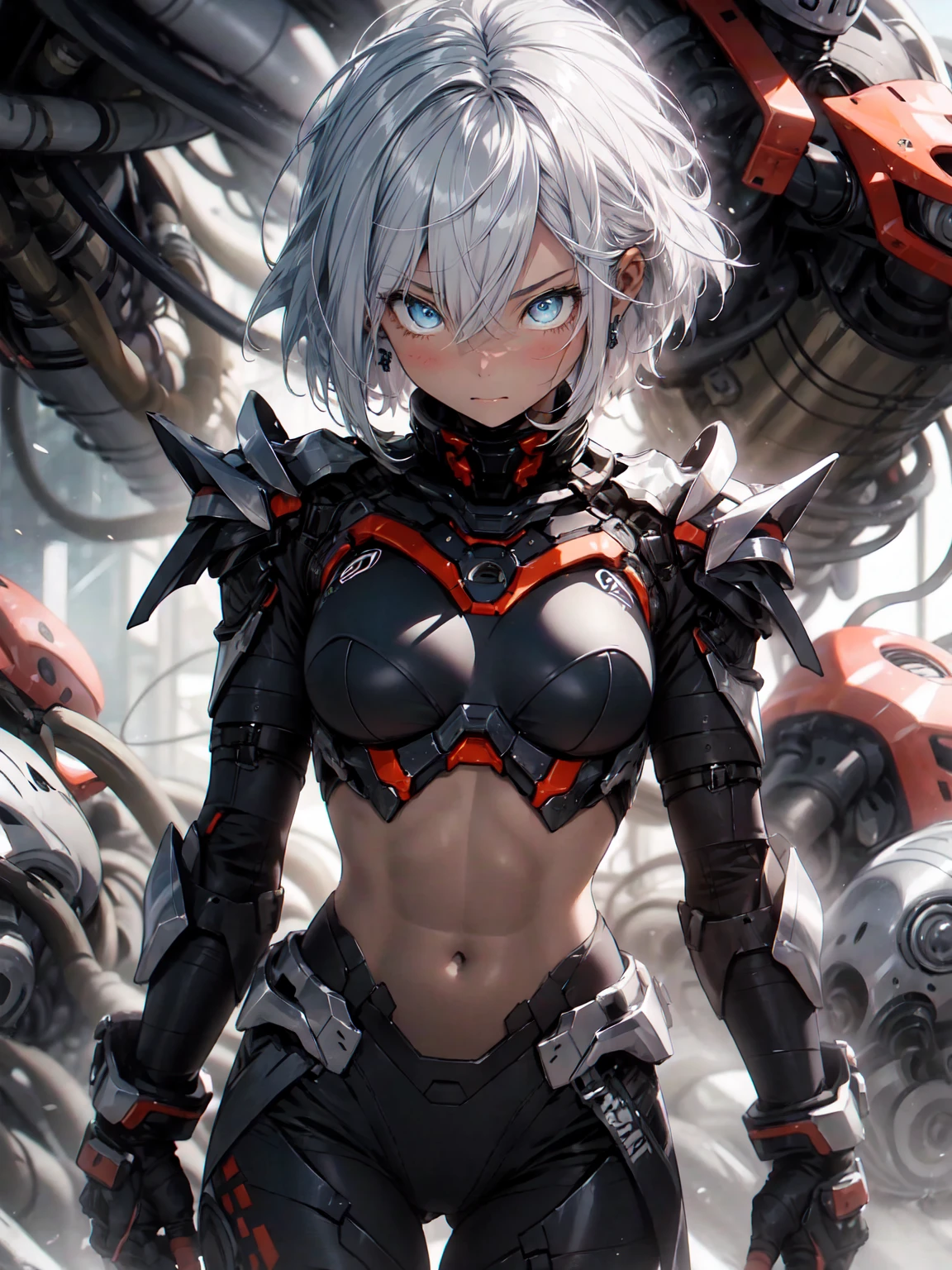 Be realistic,(masterpiece,Highest quality,Highest quality,Very detailed,Fractal Art,Most detailed,(Abstract background:1.5)(1 Girl),Kamimei,(Shorthair with white hair),(puppet, Blue Eyes, Pale skin, White Hair, Short Hair, Blunt bangs, Big Breasts、Toned Abs,Stunned)、crystallization,bikini、Sexy、White Machine Armor、Sunburned skin、(White pencil skirt)