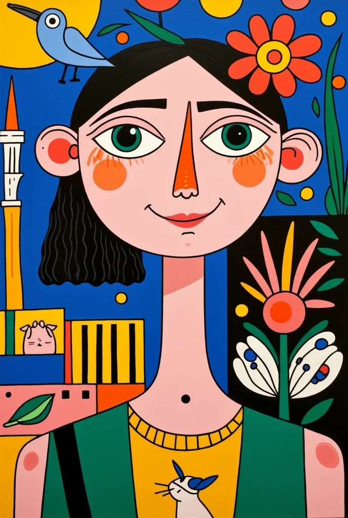 A painting， painted by a woman ， with a flower on her head , kiki Picasso style,  Aesthetic style similar to Picasso {x} inspired by Pablo Picasso, Inspired by Picasso , Picasso style,  inspired by Alain Tasso ,  inspired by Fernando Gerassi ,  cubist Picasso ,  by Mario Bardi ,  inspired by Fernand Léger ,  inspired by Fernando Gerassi ,  created by Romero Britto , Girl with a wreath