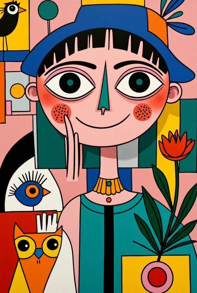 A painting， painted by a woman ， with a flower on her head ,  A pop art painting inspired by Pablo Picasso, tumblr, Toyism, kiki Picasso style, Picasso style,  cubist Picasso ,  inspired by Fernand Léger , Girl with a wreath,  imitating Matisse style , Picasso masterpiece , Picasso style,  Cubist style , Painted face girl