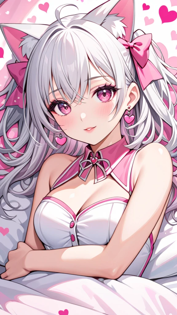   silver hair, Pink Eyes, body, cat ears,  sexy girl in bed,  earrings for a woman alone, heart background fantasy, uniform,  hair bow,  happy  