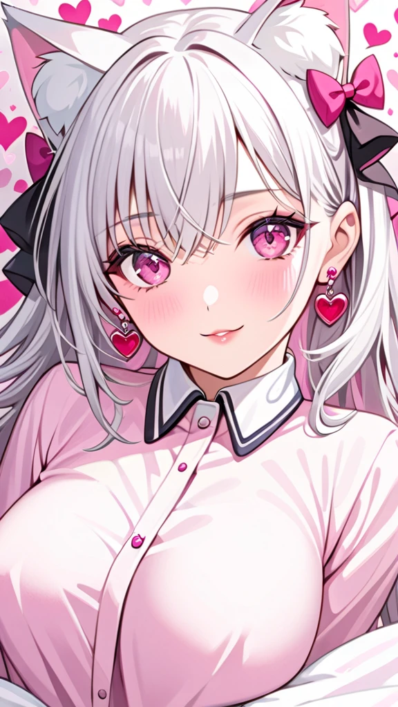   silver hair, Pink Eyes, body, cat ears,  sexy girl in bed,  earrings for a woman alone, heart background fantasy, uniform,  hair bow,  happy  