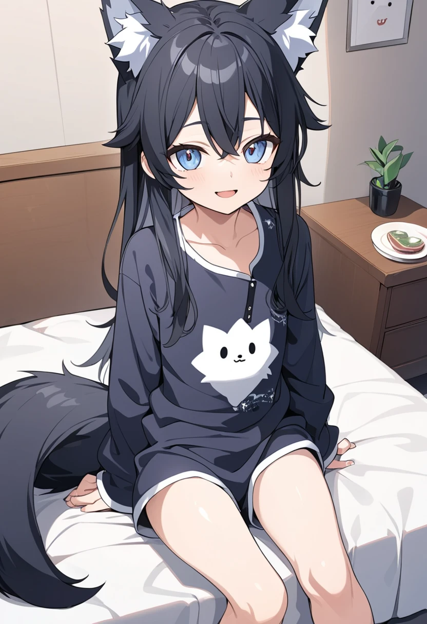 (hyper ultra detailed anime illustration:1.4), masterpiece,best quality,ultra detailed,1 small boy,cute young boy, wolf ears, wolf tail,black hair,long hair, open mouth smile, flat-chest, flyffy pajama, sit on bed,