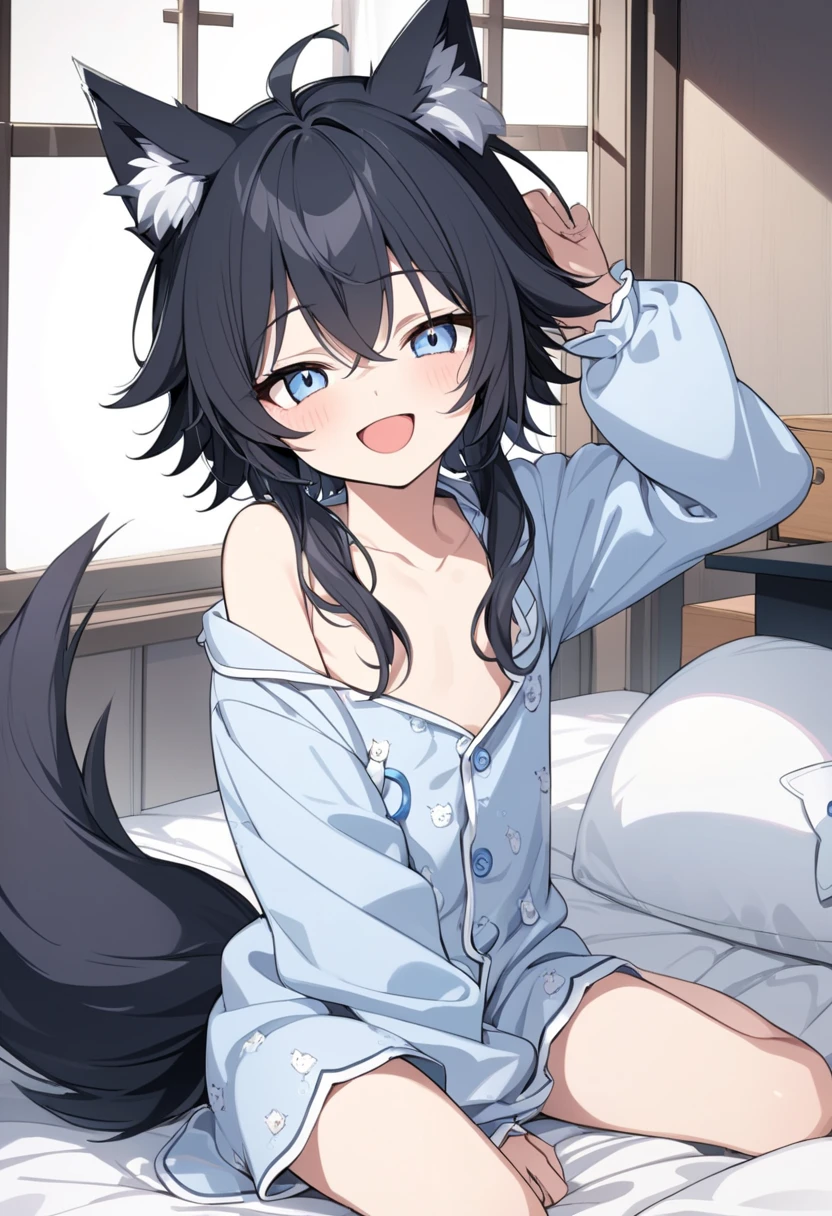 (hyper ultra detailed anime illustration:1.4), masterpiece,best quality,ultra detailed,1 small boy,cute young boy, wolf ears, wolf tail,black hair,long hair, open mouth smile, flat-chest, flyffy pajama, sit on bed,