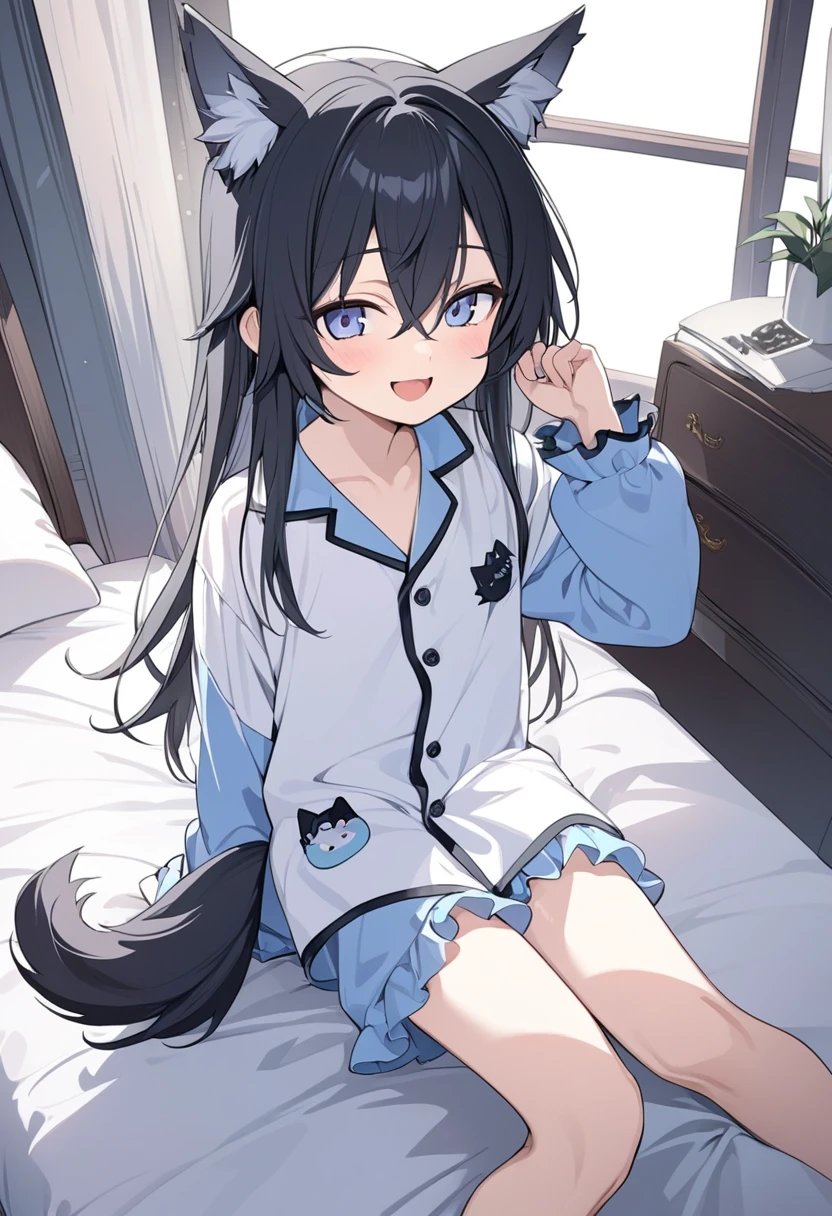 (hyper ultra detailed anime illustration:1.4), masterpiece,best quality,ultra detailed,1 small boy,cute young boy, wolf ears, wolf tail,black hair,long hair, open mouth smile, flat-chest, flyffy pajama, sit on bed,