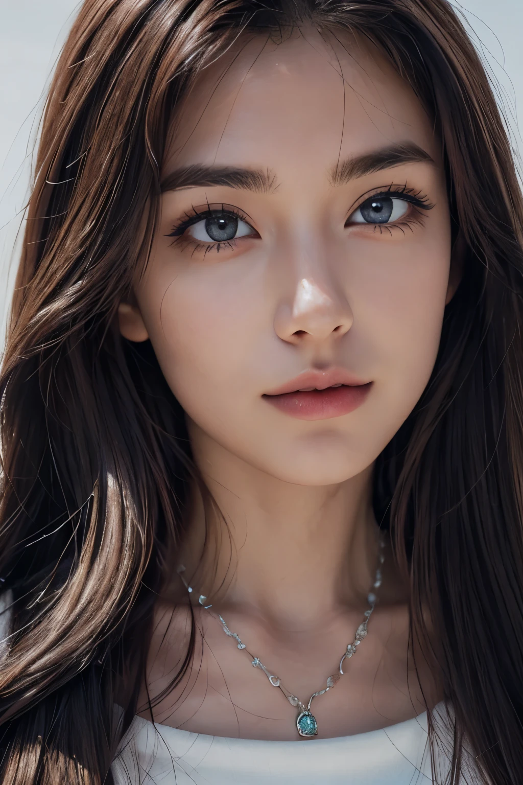 1girl, solo, looking at viewer, realistic, portrait, brown hair, long hair, lips, jewelry, necklace, closed mouth, eyelashes, nose, grey eyes, blue eyes,