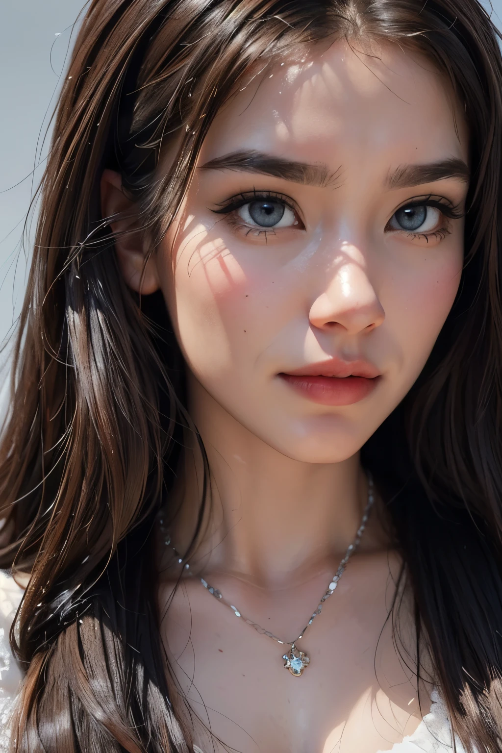 1girl, solo, looking at viewer, realistic, portrait, brown hair, long hair, lips, jewelry, necklace, closed mouth, eyelashes, nose, grey eyes, blue eyes,