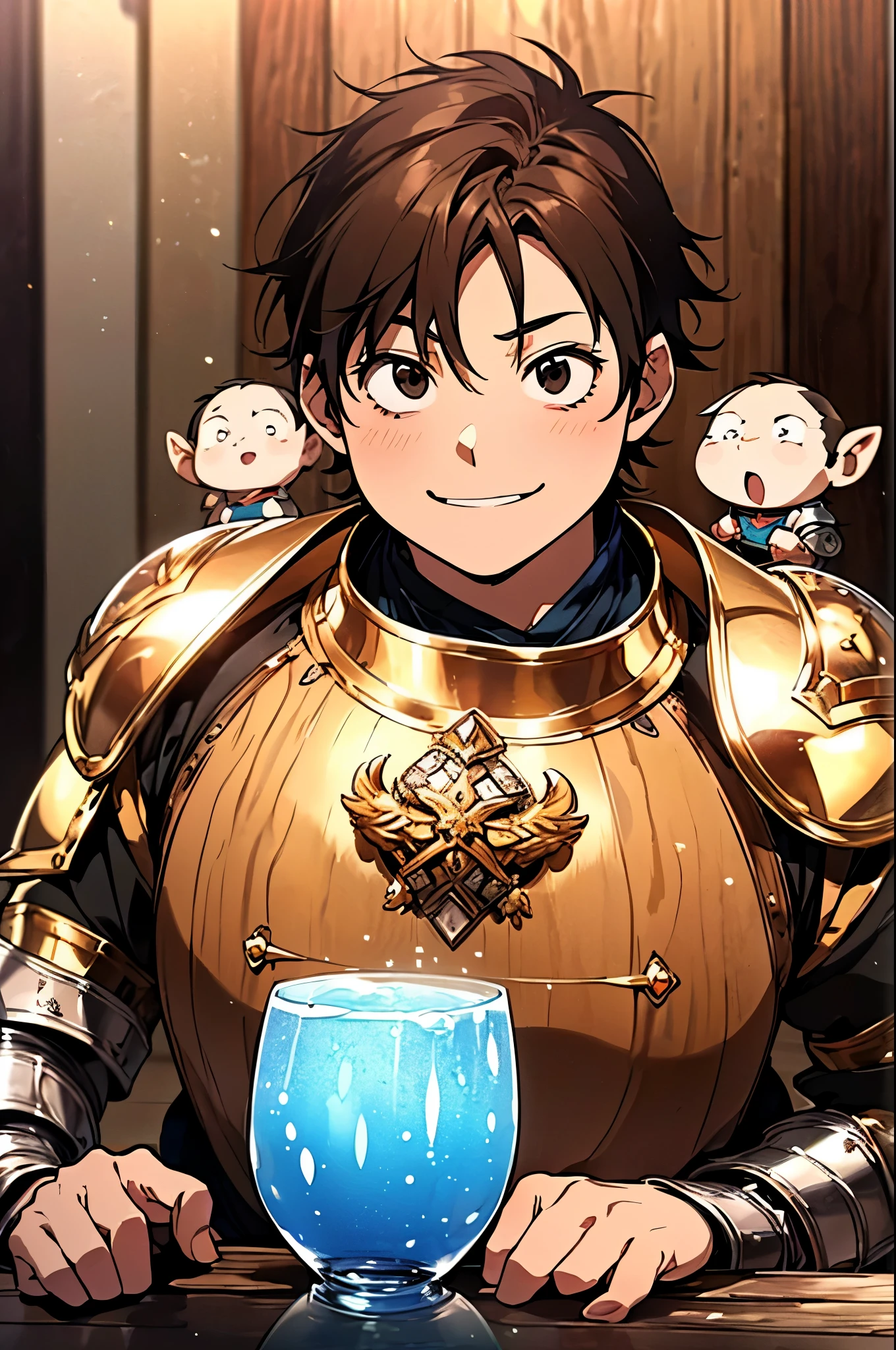 ((mature)), ( excellent quality ), (high resolution), (absurd play), ((young )), brown hair, ((arita haruyuki)), character looking at the camera, Detailed face, ((medieval)), (((drinking a large wooden glass of mead, tavern))), (portrait), ( small eyes), ((black eyes)), (dwarf), (WARRIOR), (solo), (fat), (black eyes), (wearing golden armor), warm temperature, laughing
