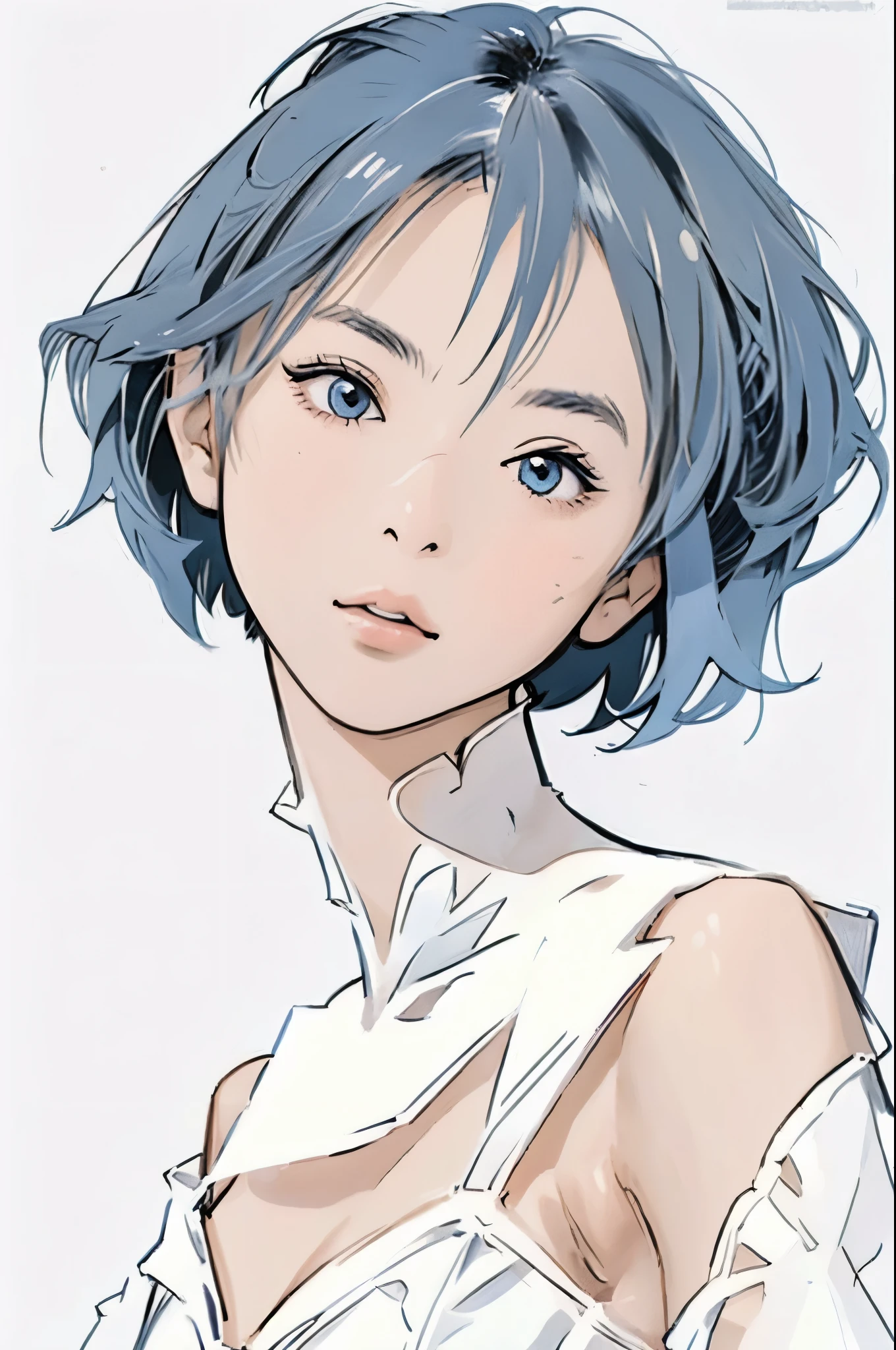 a 1girl, body complet, very detail, a lot of details, very extremely beautiful, close up face, ((tmasterpiece, minimalism)), (Short Hair Hair, Hair red, blue bow), Very white skin, Looking into the distance