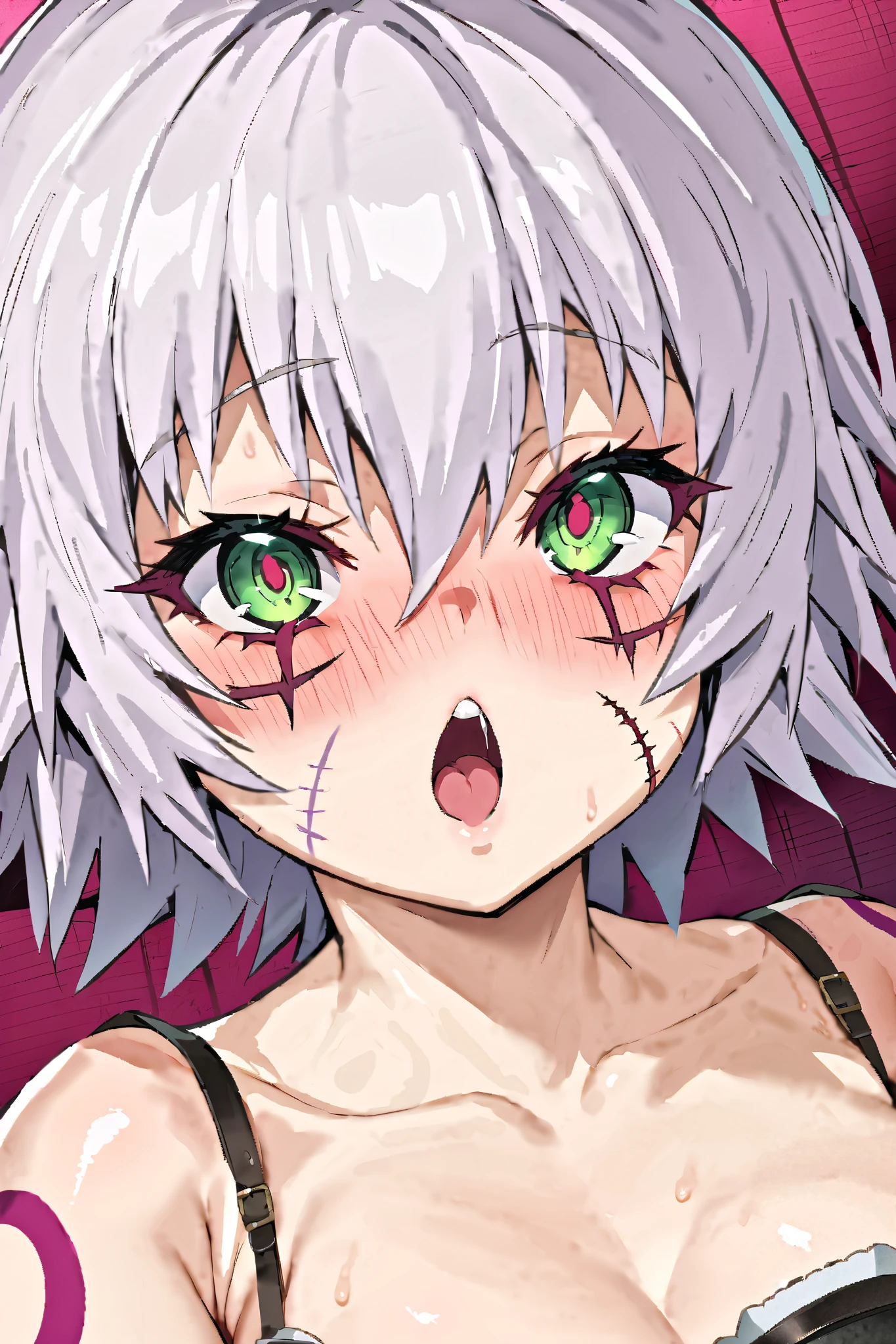 NSFW,masterpiece, best quality, high definition , very detailed , jack the ripper \(Fate/Grand Order\), Shorthair、Gray Hair、Green Eyes、Scars on face、Scar on cheek、Scars on the eyes、Shoulder Tattoo, fine lingerie,Sex slave, Love Hotel, to have sex, ahe face