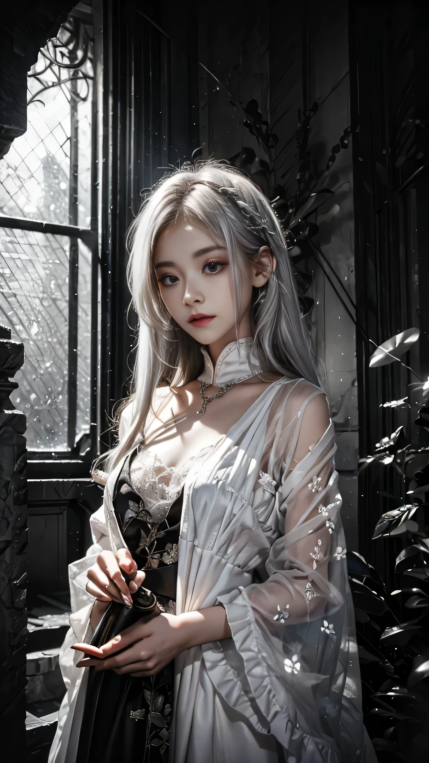 (Masterpiece, Top Quality, Best Quality, Official Art, Depth of Field, Beauty and Aesthetics: 1.2), Pinnacle Rendering, Realistic Rendering, (1girl), Extreme Detail, Colorful, Supreme Detail, Official Art, Unified 8k Wallpaper, Ultra Detailed, Shy, Shy, Shy, Blushing, Beautiful and Aesthetic, Beautiful, Masterpiece, Best Quality, Bare Shoulder, White Hair, (Zentangle, Mandala, Tangle, Entangle), Strips of Cloth, Fingers All Hidden Without Showing, Small Mouth Closed, Binding, Bondage, Chair