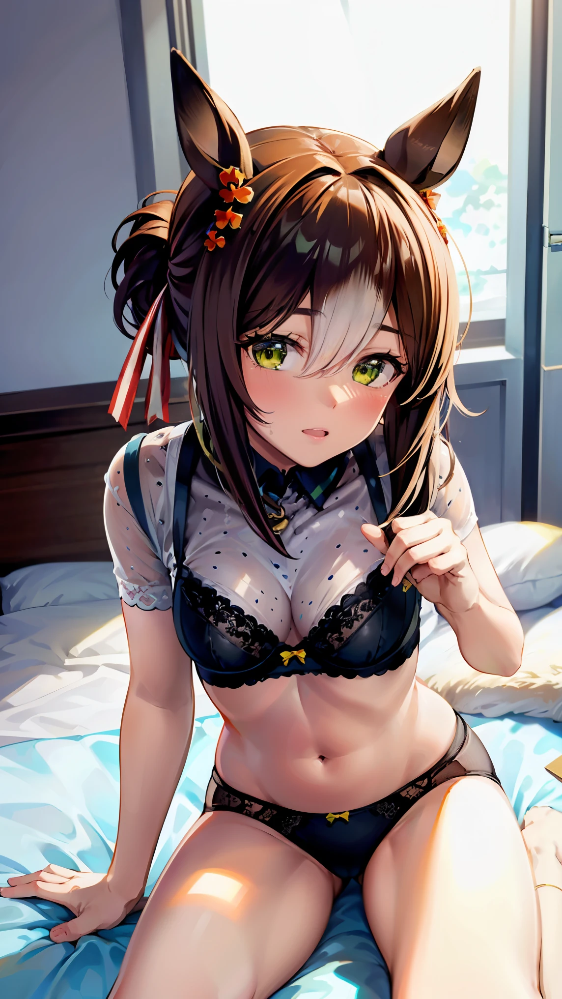 8k high resolution ( super detailed), masterpiece, ( best quality)　 Anime Illustration 　 detailed eyes on board,  detailed face 　 detailed hands 　Fine hair　 very elaborate body 、 fine skin 　 one girl　Horse Girl_Fine Motion　(fine motion \(Uma Musume\))　((Black underwear))　(Swollen breasts)　 see here　A radiant expression　 sit in bed　Triangle sitting　To show off