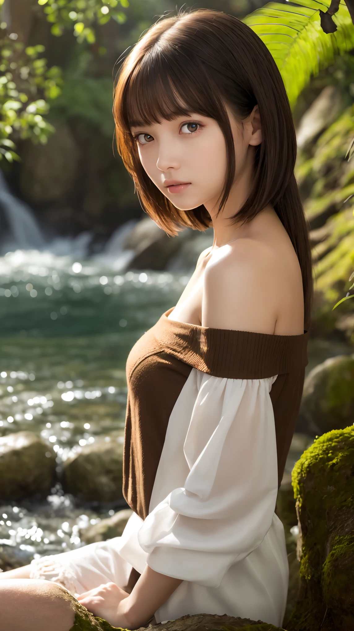 Realistic, masterpiece, Highest quality, Highest Resolution, High Detail, Soft Light, Professional Lighting, Backlight, Film Grain, The background is blurred, (Japanese high school girl, Height: 162cm, Small Tits), (The subject is a photograph of the upper body taken from below, Face from an angle:1.3), Walking, Laughing happily, Open your mouth, Beautiful and detailed eye drawing, Droopy eyes, Dark Eyes, Draw eyelashes carefully, Eyelash extensions, Gal Makeup, Orange Cheek,  (White brown braids,Short Hair, middle part:1.3), (Hidden eyelid wrinkles:1.3), (Cool clothing:1.3), (Summer forest, Under the sun through the trees:1.3)