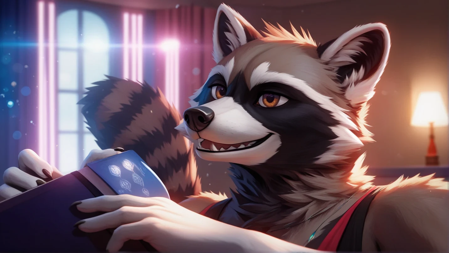 male, raccoon , furry,, grey and black fur, brown eyes. dynamic lighting, illustration, beautiful, particles (high quality,4k,8k,highres,masterpiece:1.2), ultra-detailed, impressionistic:colorful, Простой фон.