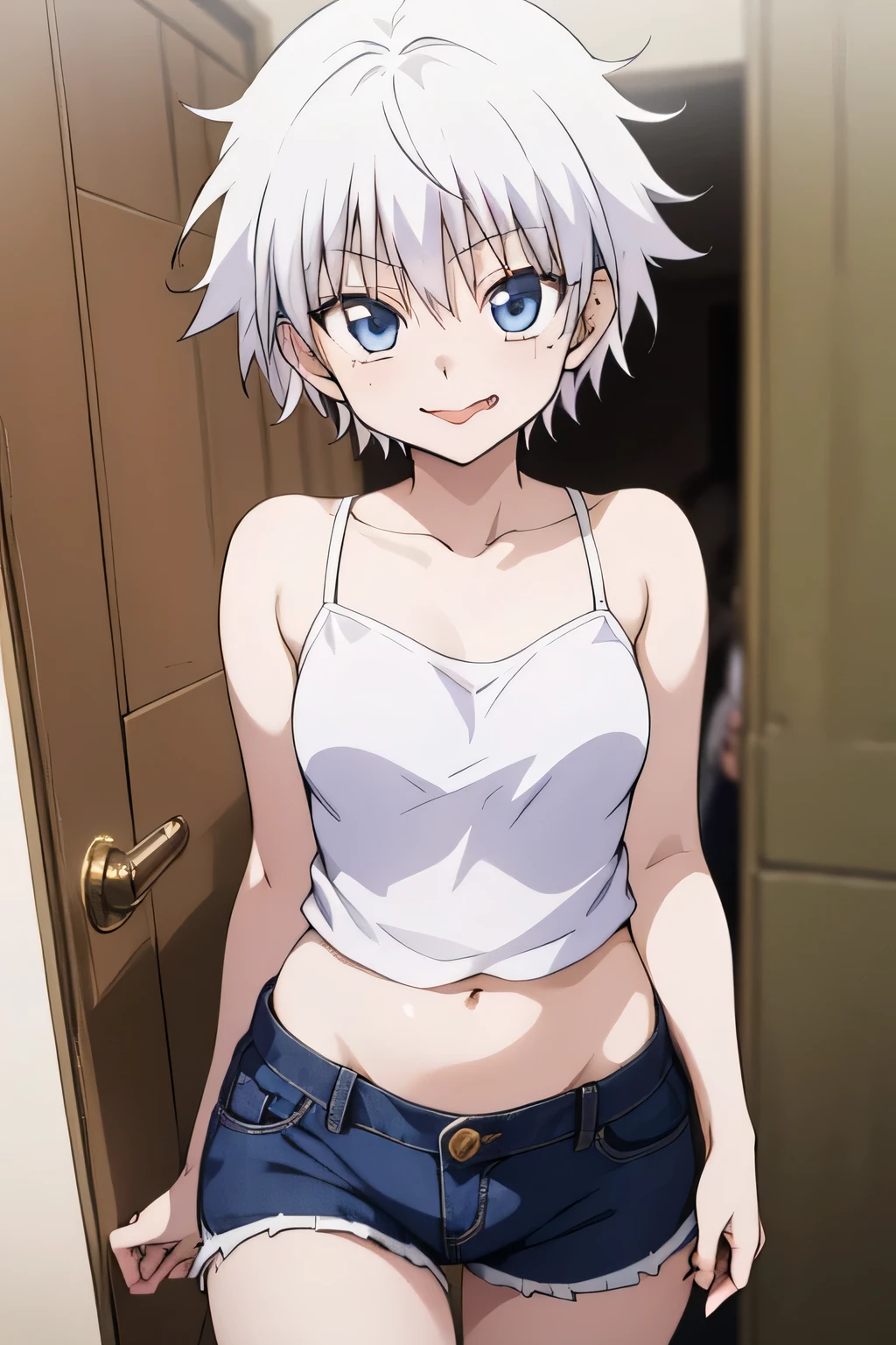 masterpiece、最 High Quality 、 High Quality 、 1 girl、Alone、 open your mouth、tongue、looking at viewer、Killua Zoldyck、 white camisole、belly button、 denim shorts、Girls with medium breasts、 cowboy shots、 Silver Hair、camisole with an white、(trembling:1.3)、smile、