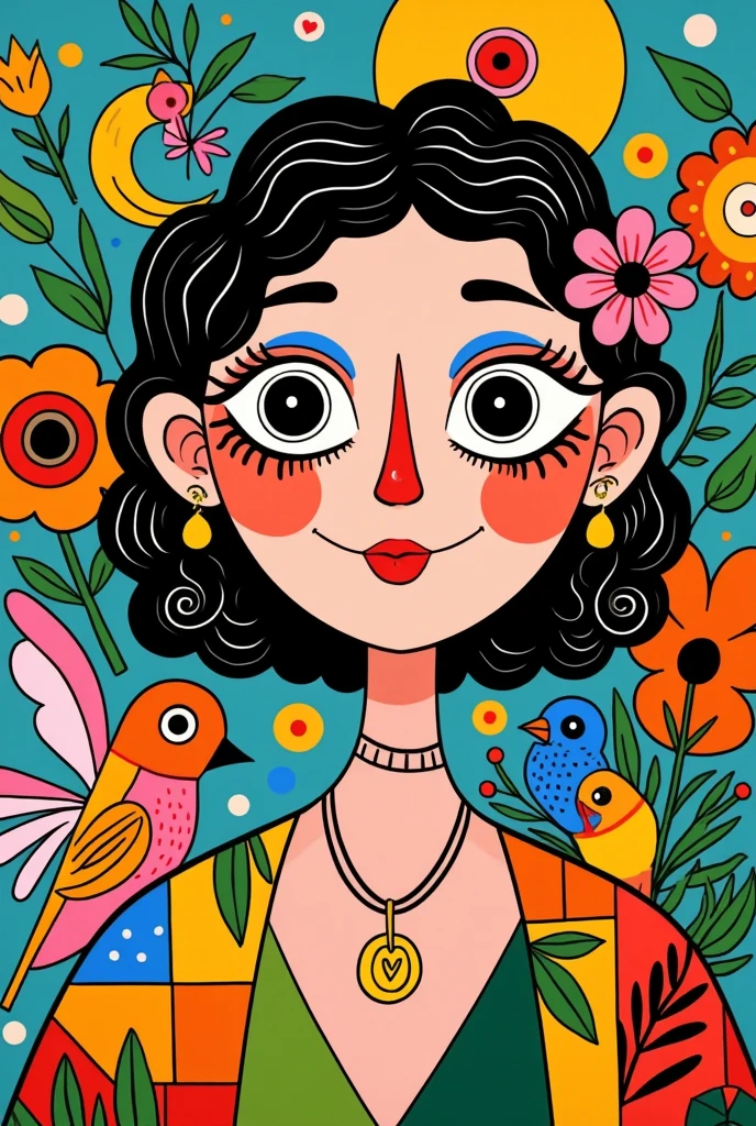 A painting， painted by a woman ， with a flower on her head ,  brightly colored illustrations , Colorfull illustration, Portrait Happy Colors, kiki picasso style , Digital illustration style, solo portrait 🎨🖌️, Whimsical Portraits,  From Tarsila do Amaral , 🤤 Portrait of woman, Hand drawn cartoon style, portrait girl, Painted face girl, My character portrait 