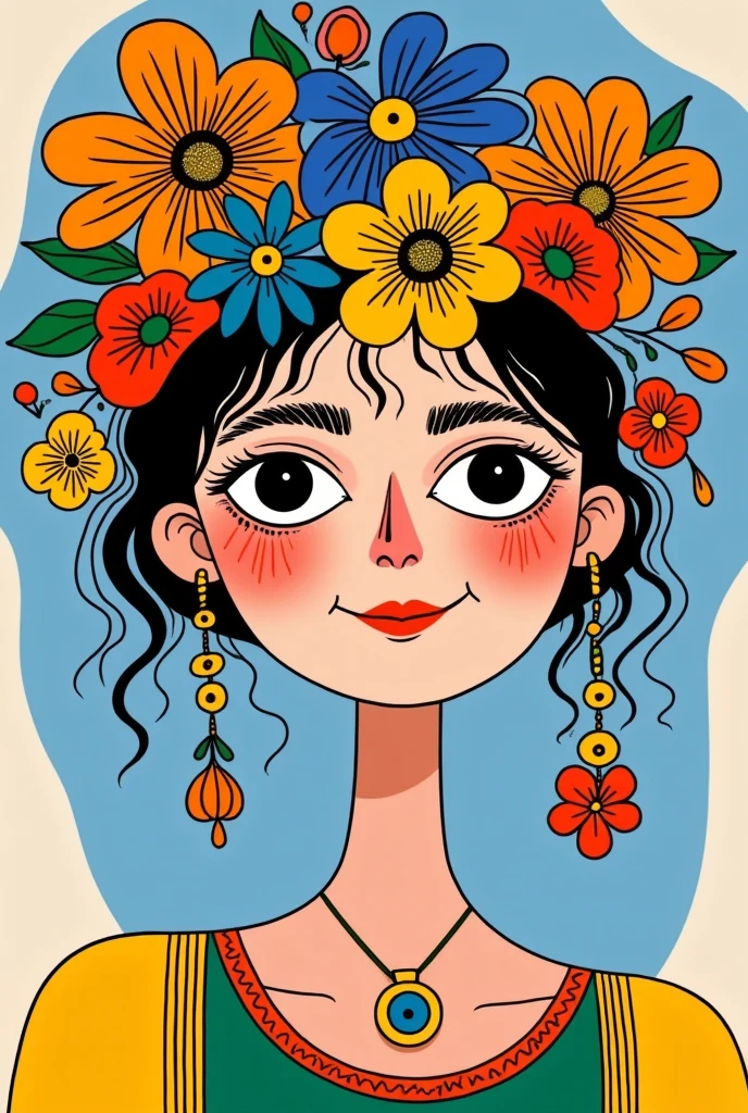 A painting， painted by a woman ， with a flower on her head , Character portraits inspired by Tacira do Amaral,  Recommended on Behance , Simple Art,  brightly colored illustrations , Colorfull illustration, Portrait Happy Colors, kiki picasso style , Digital illustration style, solo portrait 🎨🖌️, Whimsical Portraits, 🤤 Portrait of woman, Hand drawn cartoon style, portrait girl