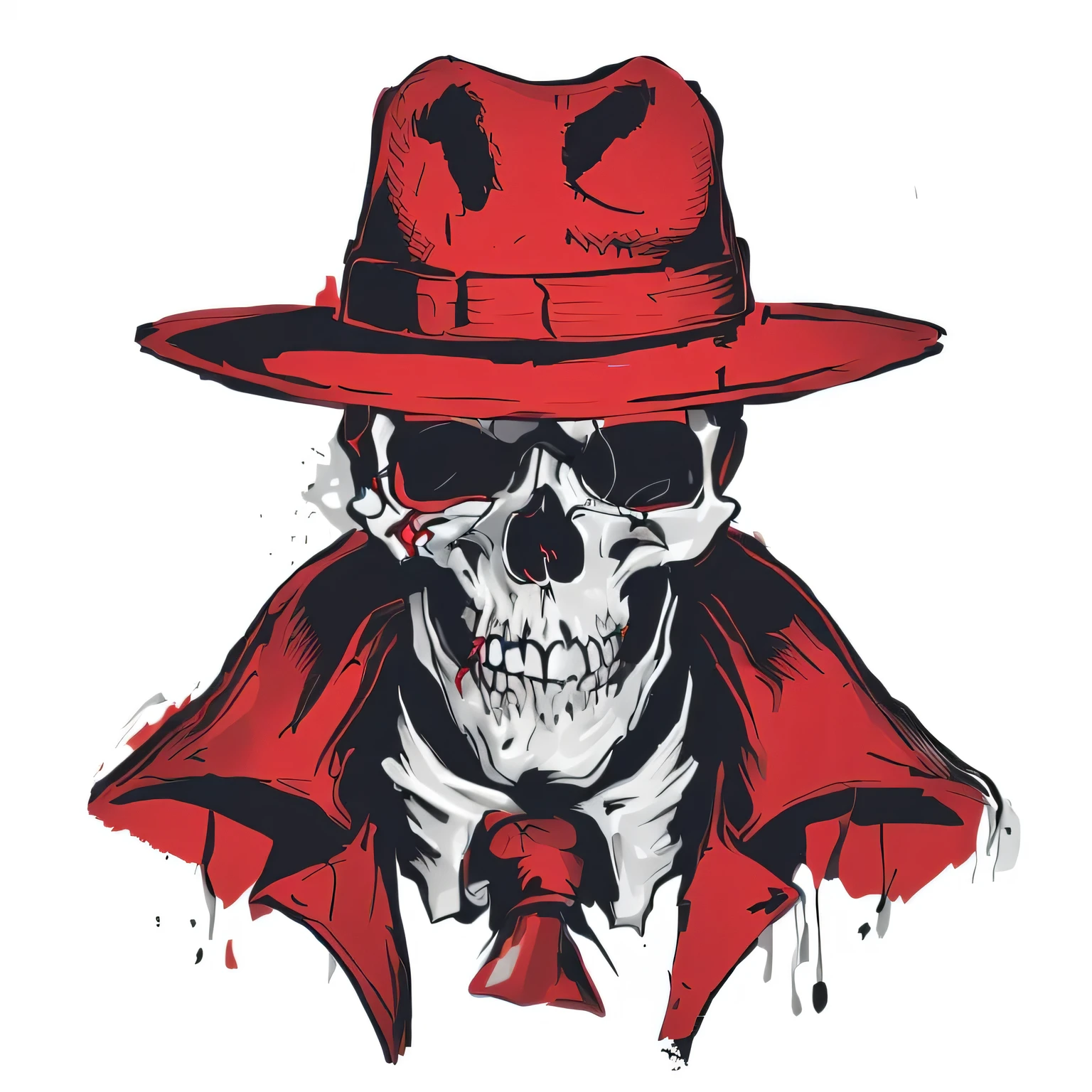 skull wearing red hat and red coat with red tie, rorschach, gungrave, red skull, red hat, glowing red skull, nose of red skull, he has a red hat, full color digital illustration, jesse mccree, drawing of a skull, the head of the man is a skull, killer, full color illustration, by Joe Bowler, necro