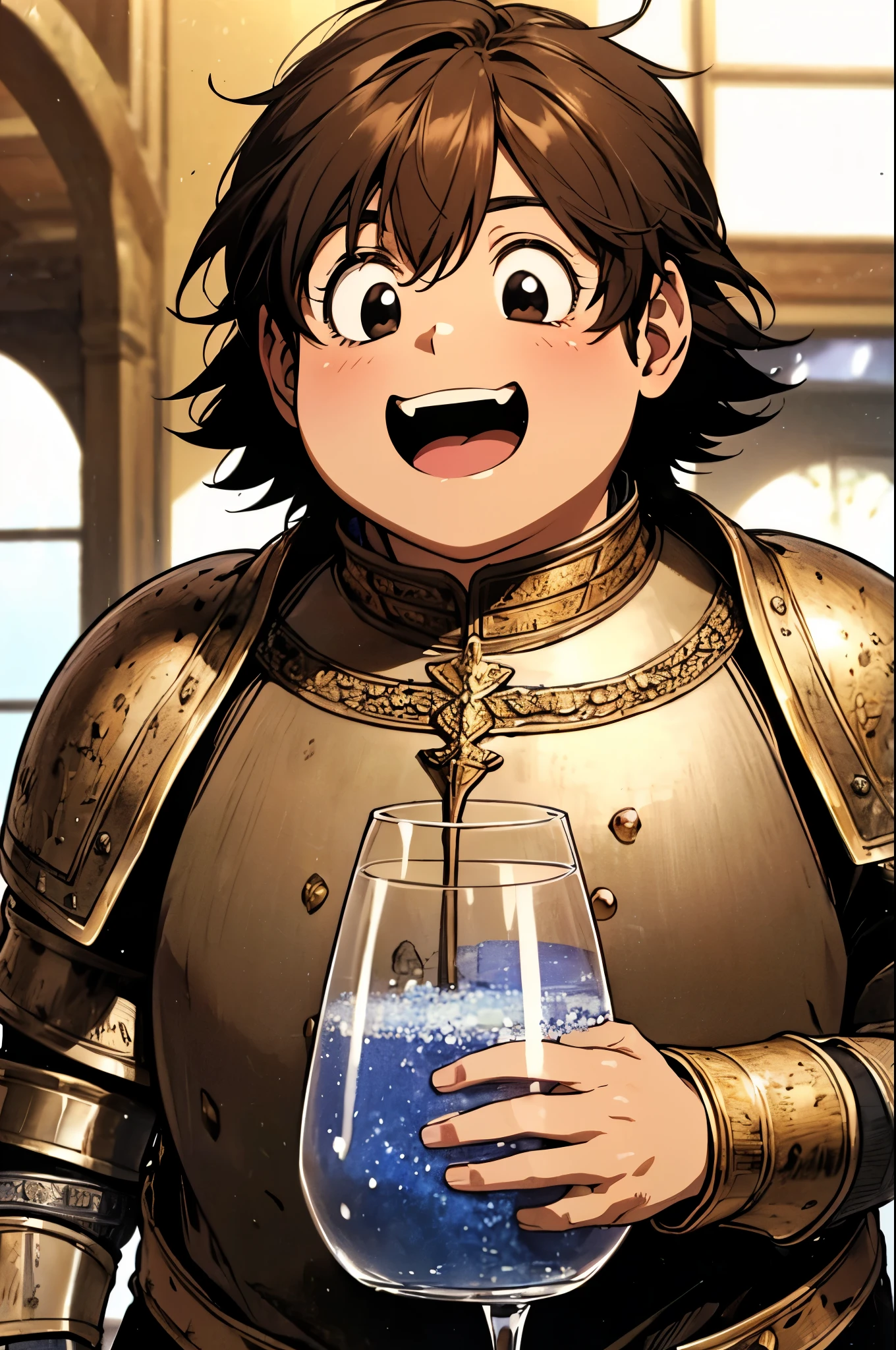 ( excellent quality ), (high resolution), (absurd play), ((young )), brown hair, ((arita haruyuki)), character looking at the camera, Detailed face, ((medieval)), (((drinking a large glass of mead, tavern))), (portrait), ( small eyes), ((black eyes)), (dwarf), (WARRIOR), (solo), (young), (fat), (black eyes), (wearing golden armor), warm temperature, laughing
