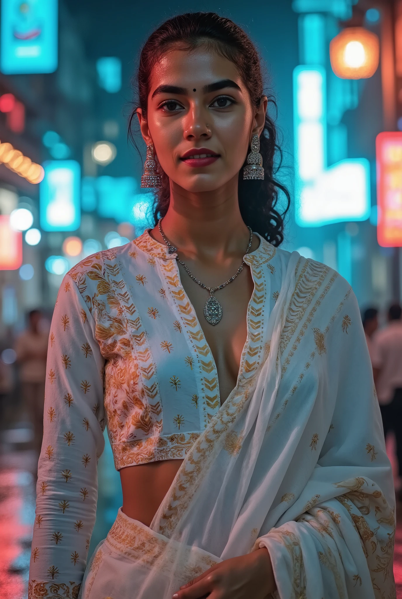 Extreme white skin, pale skin, read lips, blue eye, Breathtakingly stunning woman stands tall in cyberpunk cityscape, a beautiful fit body, midriff exposed, navel, cleavage cutout, blouse and pavada it' a Kerala gown, teanger 18 years old, 58kg, 6.1hight, teal and red neon lights dancing across her skin.l jewelry sparkles against her wet skin tone. Shot in ultra-high definition on ARRI Alexa XT camera,Pale skin,white paled skin