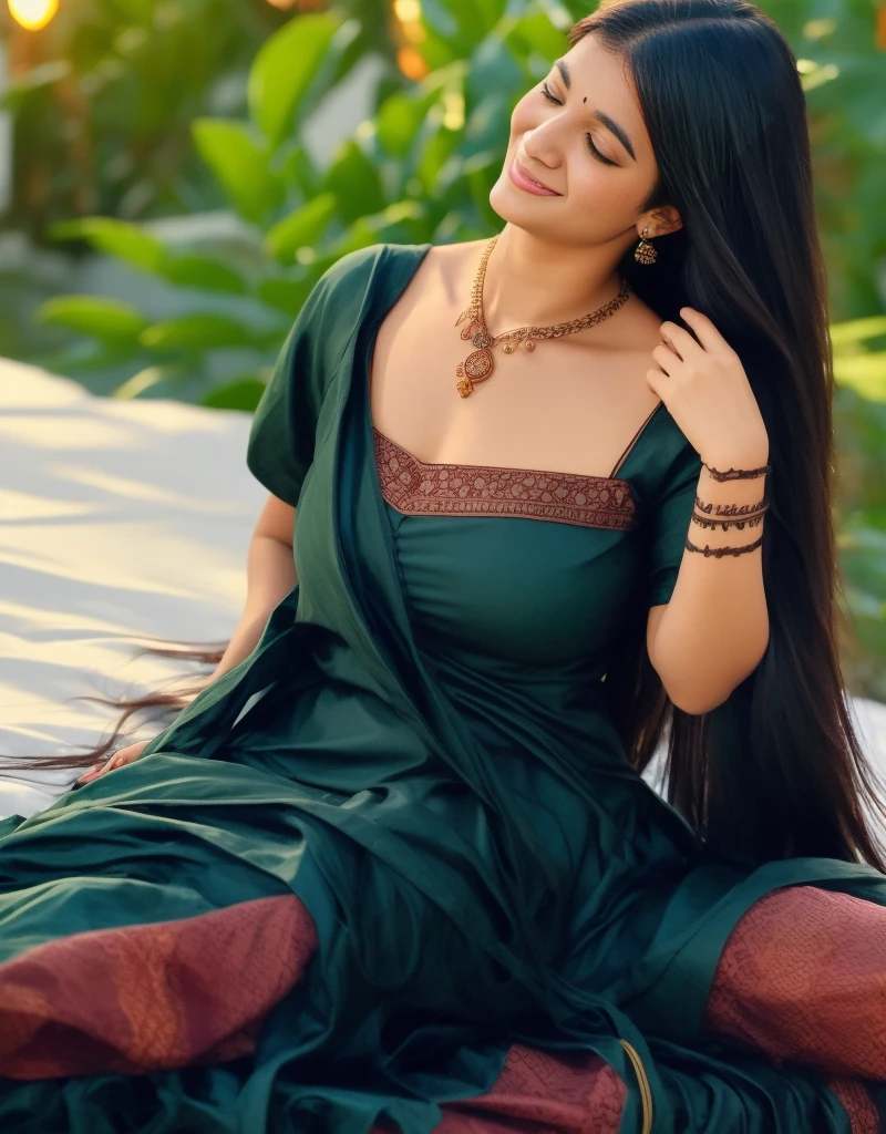 a woman bbw sitting on a bed with henna and henna, long hair, smile, black hair, dress, closed eyes, teeth, necklace, facial mark