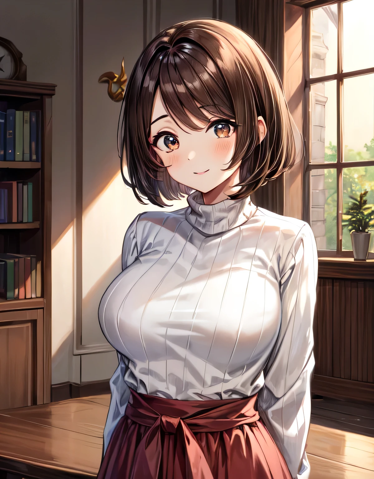 gloria1,gloria \(pokemon\),brown hair,(brown eyes),medium hair,bob cut,bangs,indoor room,ribbed sweater,skirt,smile,blush,closed mouth,lips,(large breasts:1.55),(shiny,hair),((solo)),((masterpiece)),((best quality)),perfect anatomy,slim waist,perfect image,8k UHD,(beautiful detailed eyes:1.5),extremely detailed face,standing,(upper body:1.2),(look at the front:1.5),(arms behindback),ultra-detailed,absurdres,ultra-highres,indoor room,s-old,