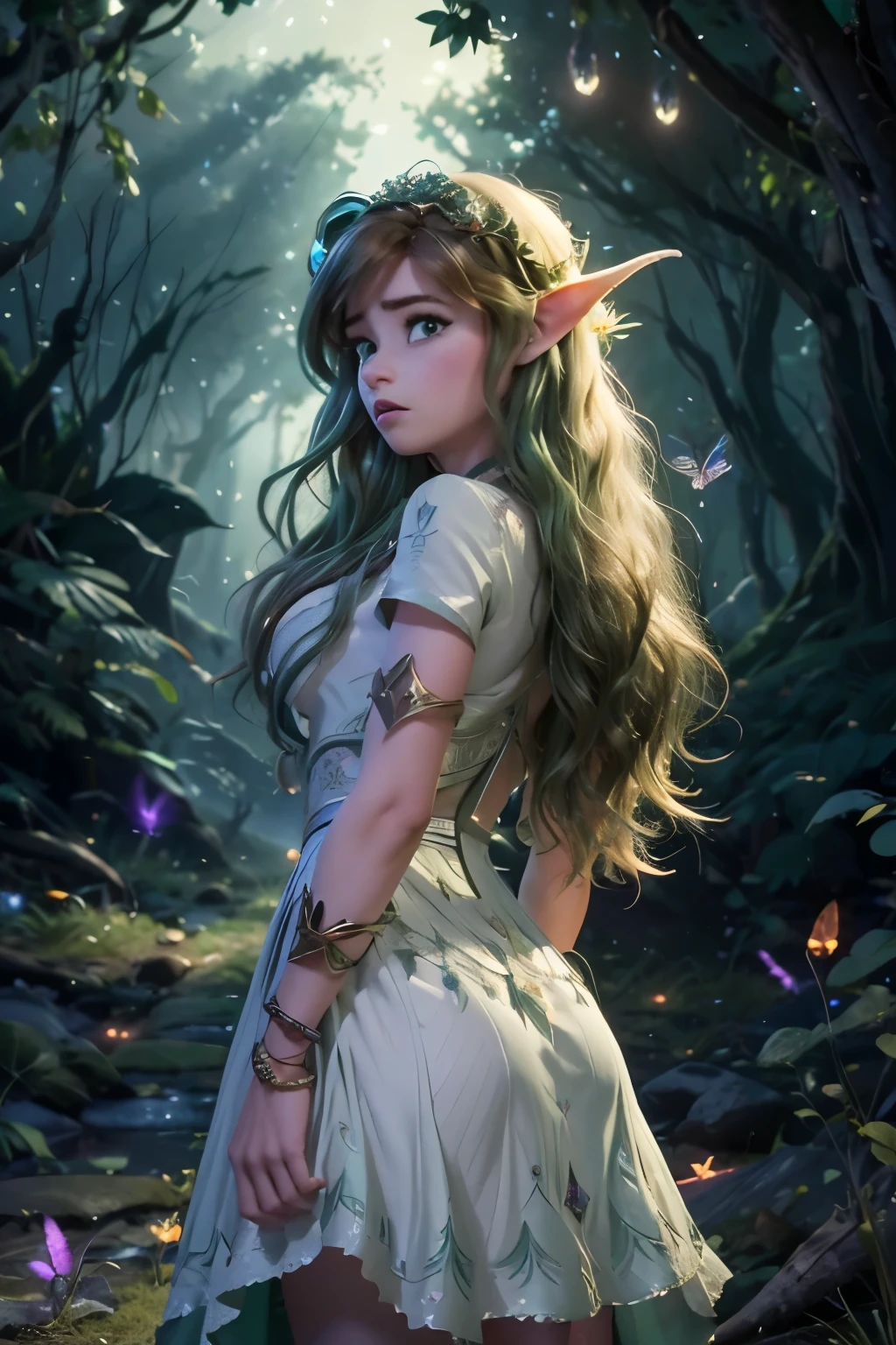 Fantasy, medieval, ((best quality)), ((masterpiece)), (detailed), perfect face, perfect body, hot woman, beautiful sexy elf, standing, heroic pose, chestnut hair, big eyes, black eyeliner, freckles, wearing elven armor, cameltoe, outdoors, gloomy forest, naked, nude
