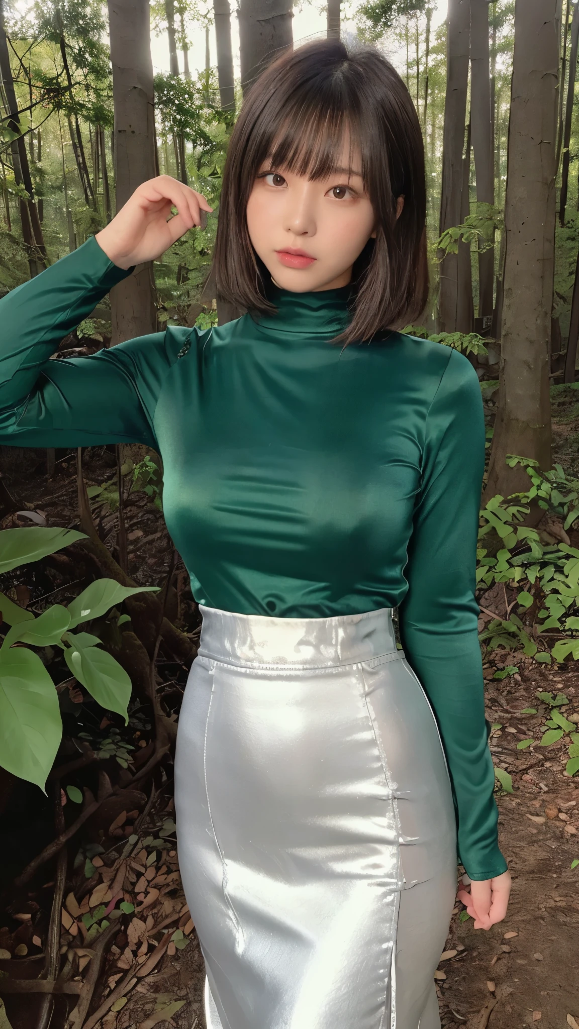 (masterpiece,  best quality,    ultra high resolution ),  extremely detailed CG  ,  short bob hair with bangs 、  beautiful face、((( very pretty Japanese woman hiding her chest with her hands ))),((Shiny light green satin long high waist mermaid pencil skirt)),The shirt is tucked into the skirt、(((  long skirt)))、(((Long-sleeved, form-fitting, high-neck t-shirt made of shiny silver satin fabric)))、((((Standing in a dark forest at night))))