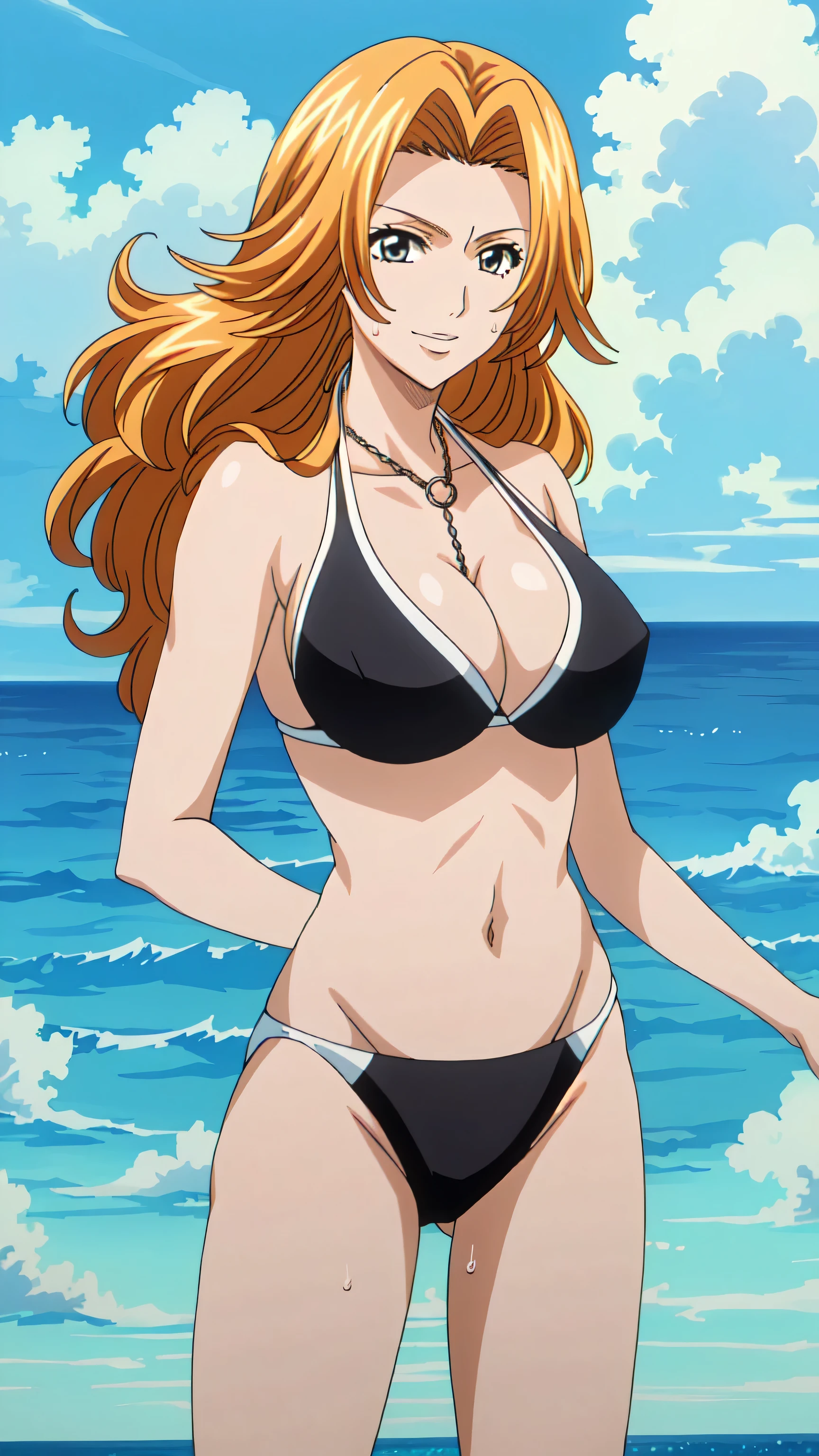 (  surrenders ,32K, masterpiece:1.2)、( high resolution skin:1.1)、(  High Quality :1.1)、rangiku Matsumoto、Matsumoto Rangiku、1woman、breast、Alone、Blonde、 long hair、 orange hair 、 watching viewers、 cowboy shots、Female focus、bikini top with an black、in a trianglebikini、bikini bottom with an black、 standing 、smile、(Ambient lighting:1.1)、( soft shading :1.1)、VERY TALL WOMAN 、 stares at the viewer 、Blue Theme、 blue background、Cloudy、sunlight、sweat、Orgasmic、 bikini swimsuit、Big Breasts、cleavage、 very large breasts in captain's uniform、midriff、navel、collarbone、Thighs、Ocean and Beach、