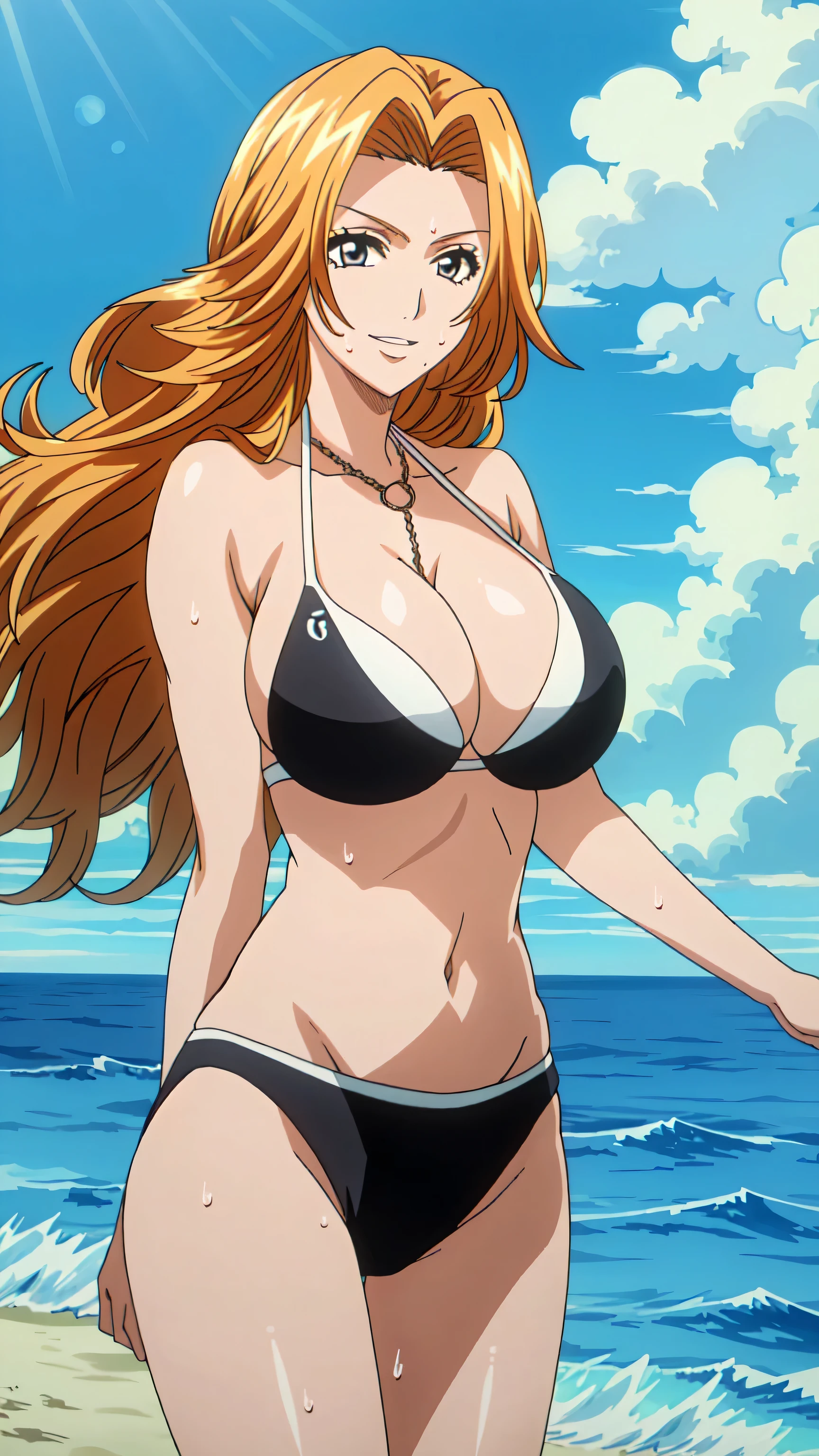 (  surrenders ,32K, masterpiece:1.2)、( high resolution skin:1.1)、(  High Quality :1.1)、rangiku Matsumoto、Matsumoto Rangiku、1woman、breast、Alone、Blonde、 long hair、 orange hair 、 watching viewers、 cowboy shots、Female focus、bikini top with an black、in a trianglebikini、bikini bottom with an black、 standing 、smile、(Ambient lighting:1.1)、( soft shading :1.1)、VERY TALL WOMAN 、 stares at the viewer 、Blue Theme、 blue background、Cloudy、sunlight、sweat、Orgasmic、 bikini swimsuit、Big Breasts、cleavage、 very large breasts in captain's uniform、midriff、navel、collarbone、Thighs、Ocean and Beach、