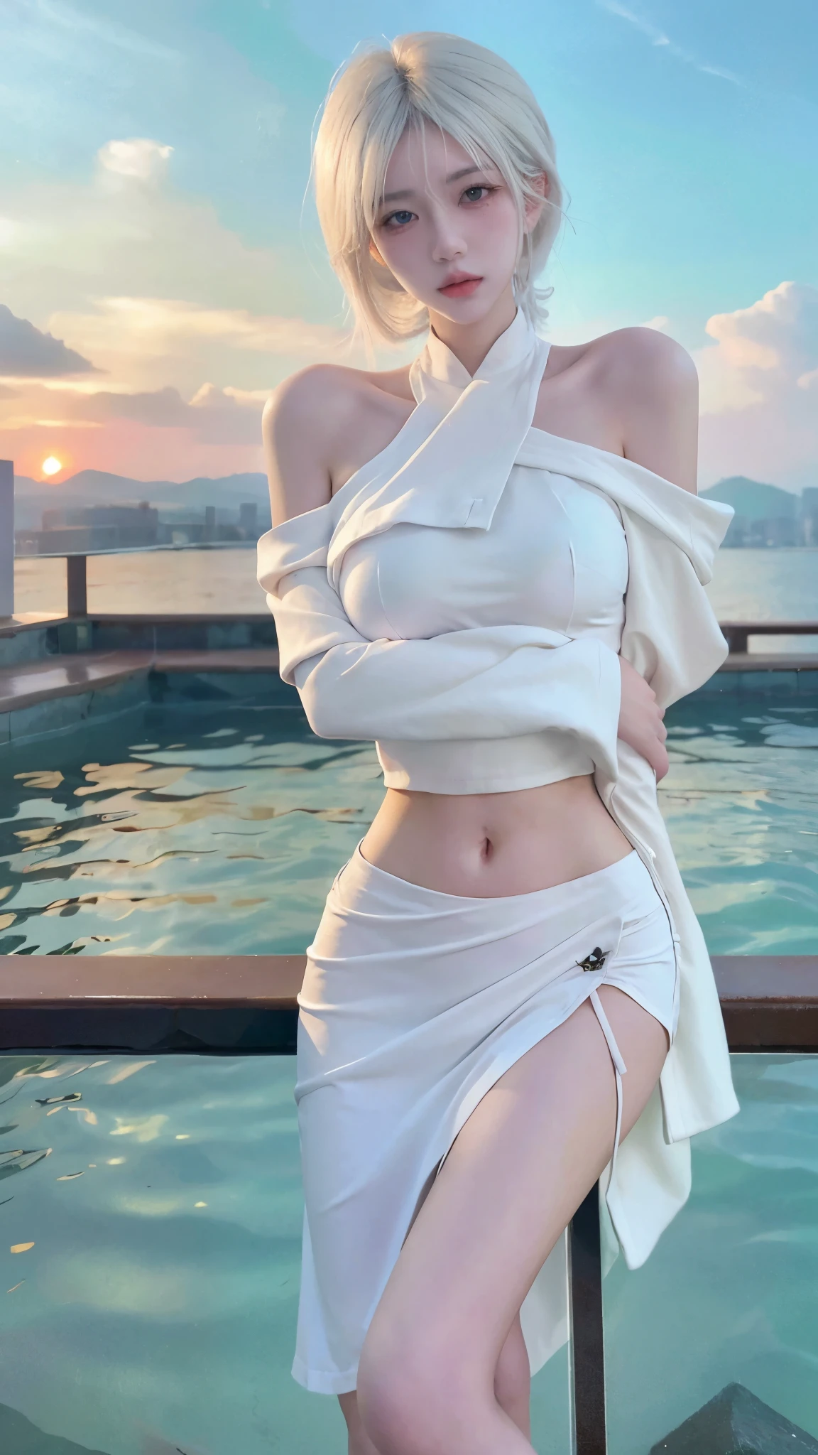 Beautiful woman with perfect figure：1.4，Layered hairstyle，White skin，Prominent cleavage，Bikini：1.5，Super short pleated skirt，whole body，Very delicate facial and skin texture，Double eyelids，Skin Whitening，Long white hair