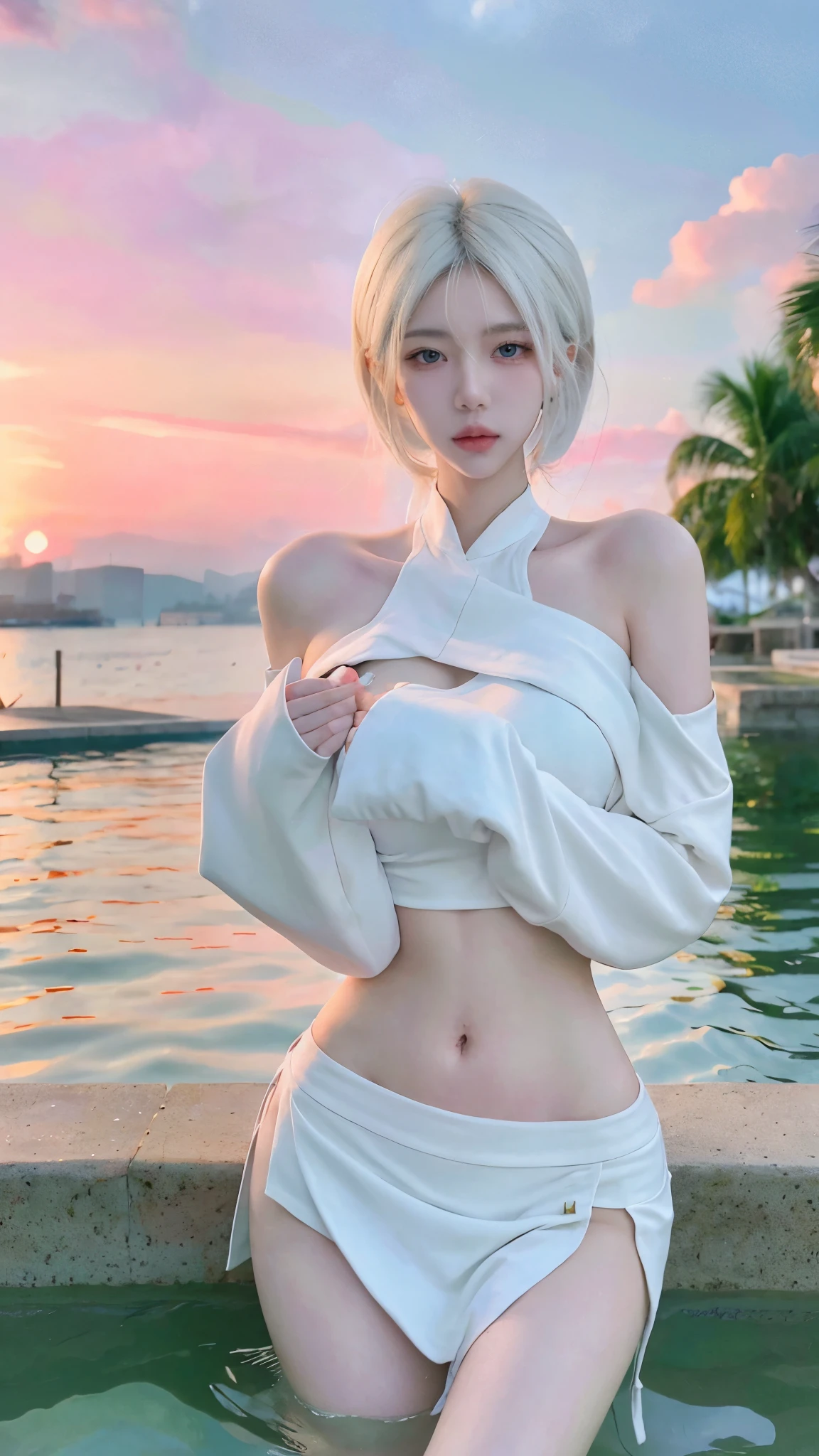 Beautiful woman with perfect figure:1.4,Layered hairstyle,White skin,Prominent cleavage,Bikini:1.5,Super short pleated skirt,whole body,Very delicate facial and skin texture,Double eyelids,Skin Whitening,Long white hair