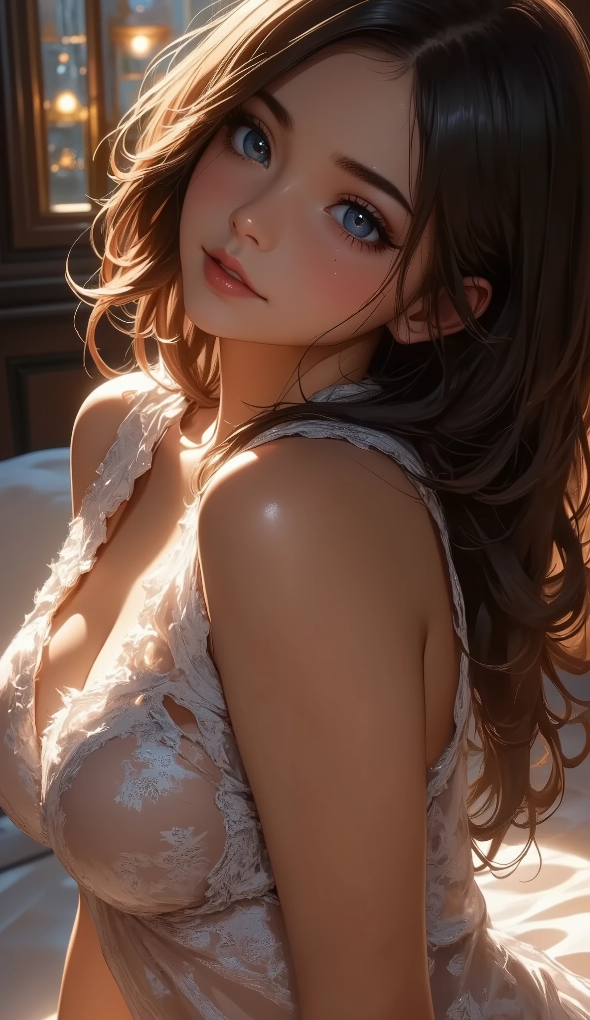 a sexy woman wearing a baby doll, lying on a bed, seductive expression, detailed facial features, beautiful detailed eyes, beautiful detailed lips, extremely detailed eyes and face, long eyelashes, soft skin, delicate figure, seductive pose, bedroom interior, luxurious bedding, dramatic lighting, cinematic atmosphere, photorealistic, 8k, high quality, detailed artwork, digital painting, glamour, chiaroscuro, romantic, sultry