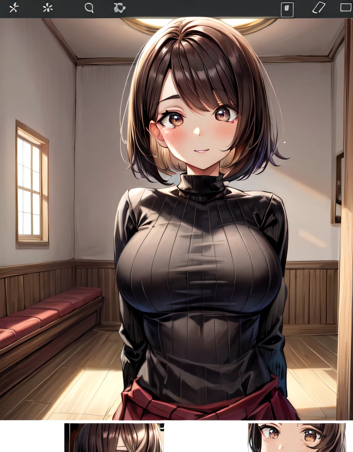 gloria1,gloria \(pokemon\),brown hair,(brown eyes),medium hair,bob cut,bangs,indoor room,ribbed sweater,skirt,smile,blush,closed mouth,lips,(large breasts:1.55),(shiny,hair),((solo)),((masterpiece)),((best quality)),perfect anatomy,slim waist,perfect image,8k UHD,(beautiful detailed eyes:1.5),extremely detailed face,standing,(upper body:1.2),(look at the front:1.5),(arms behindback),ultra-detailed,absurdres,ultra-highres,indoor room,s-old,