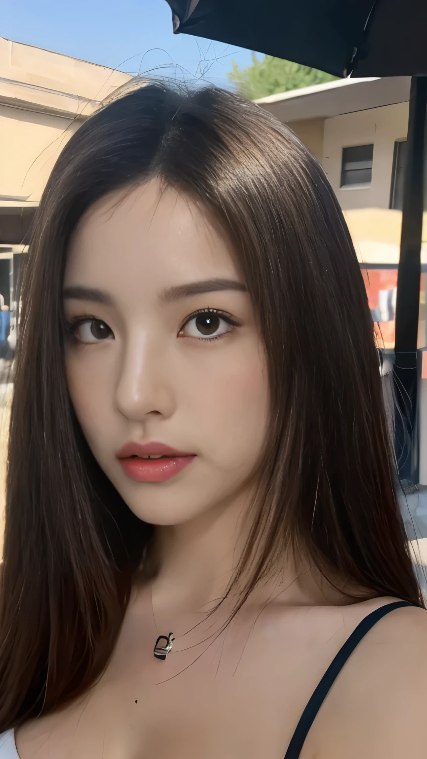 ((Best quality, 8k, Masterpiece :1.3)), Sharp focus :1.2, A pretty woman with perfect figure :1.4, Slender abs :1.2, ((Dark brown hair, Big breasts :1.2)), (Natural light, City street:1.1), Highly detailed face and skin texture, Detailed eyes, Double eyelid