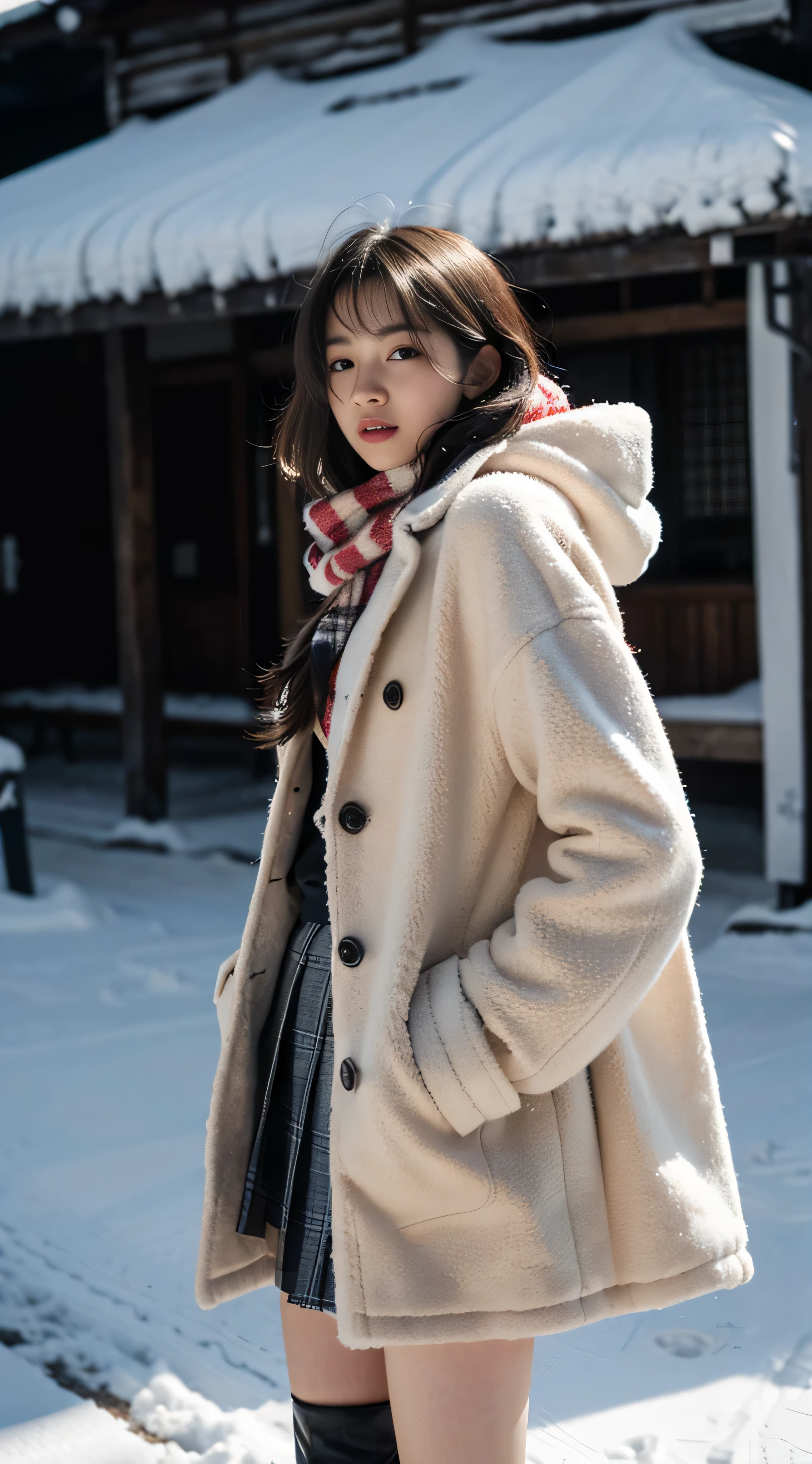 Arafed asian woman in a coat and skirt standing in the snow - SeaArt AI