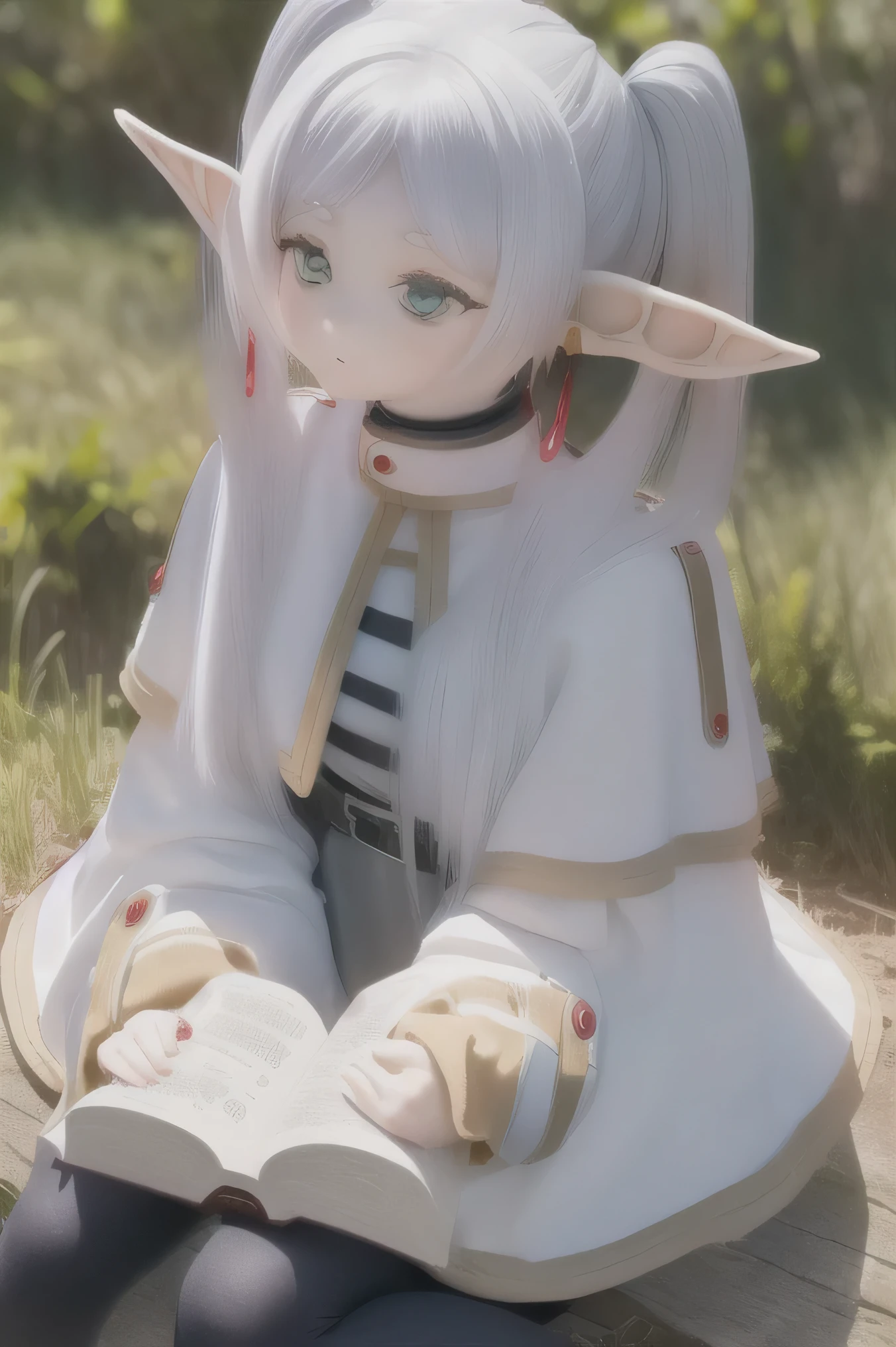 ( best quality,Strange Results :1.3),(Warm lighting:1.2), 1 girl, intricate details,Natural Face,forest, River in the background, spring, hands between legs, small breasts,thank you, Long Hair, Gray Hair,  twin tails, pointy ears,  earrings for a woman alone,  thick eyebrows, White Capelet,  Striped Shirt ,  Long Sleeve , belt, White Skirt,  black pantyhose (((((Read a book)))))