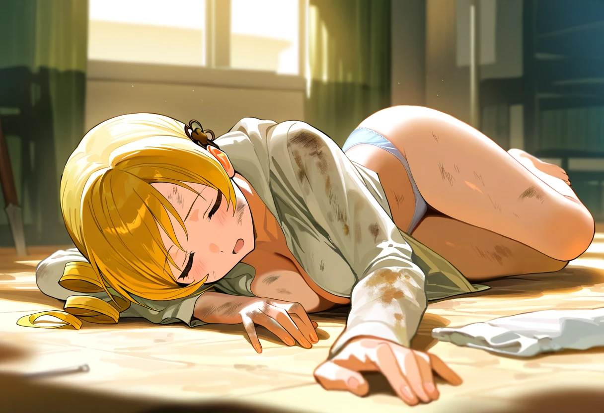 anime, full body, 1 girl, tomoe mami, laying, head tilt, (dirty:1.1), weak expression, open mouth, closed eyes, masterpiece, best quality, 8K, dramatic lighting, panties