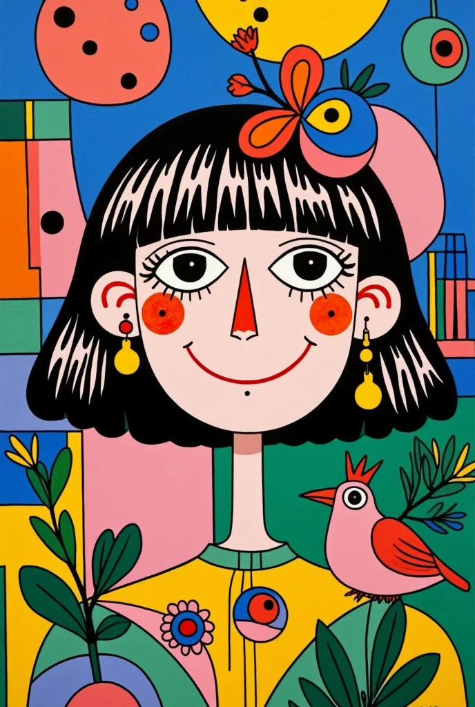 A painting， painted by a woman ， with a flower on her head ,  brightly colored illustrations , Colorfull illustration, Portrait Happy Colors, kiki picasso style , Digital illustration style, solo portrait 🎨🖌️, Whimsical Portraits,  From Tarsila do Amaral , 🤤 Portrait of woman, Hand drawn cartoon style, portrait girl, Painted face girl, My character portrait 