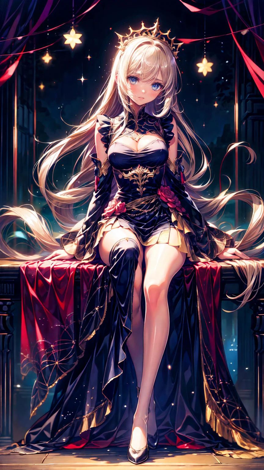 Bowsette, long hair, horns, long flowing hair, floating hair, ornament hair, perfectly body, perfectly hands, crown in top of the head, wedding, wedding dress, black dress, on street, petals in the air, blossom peach tree, centered girl, Chinese style, blue jewel, dress, more details on her clothes, dress with transparency, golden details, daylight, smiling, cape, ((4k, masterpiece, top-quality)),8k, best quality, high resolution, HD, (illustration:0.8), super cute girl, delicate and beautiful face, 1girl, solo, mature girl, super cute hairstyle, (beautiful detailed eyes:1.6), extremely detailed face, perfect lighting, extremely detailed CG, (perfect hands, perfect anatomy), Best quality, cleavage, small skirt, full Body,