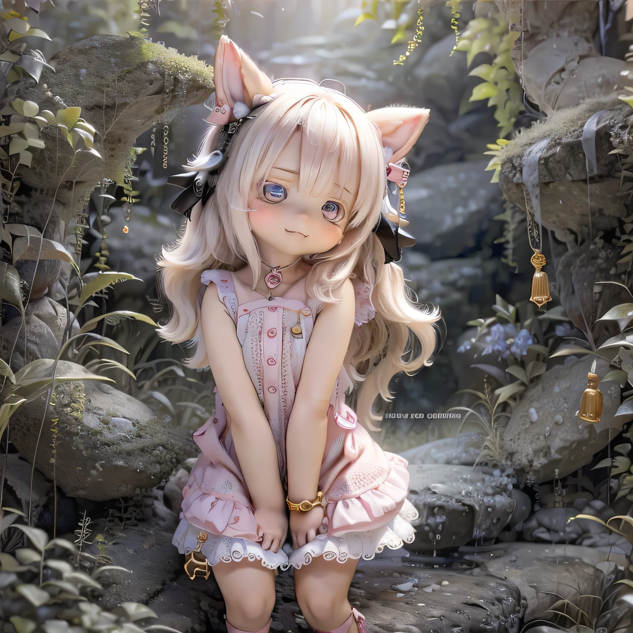 In the garden, smile, Similar to Chi from Made in Abyss.   forest setting  , Beautiful eyes and lips.  (((chibi style,))) . The image quality is excellent, Highly detailed and realistic features. The medium of this work is、  Combines illustrations with photorealistic rendering.. The colors are vivid、   lights create a warm and bright atmosphere   。 whole body(((((  cute pink dress  )))))Contrasting cute poses