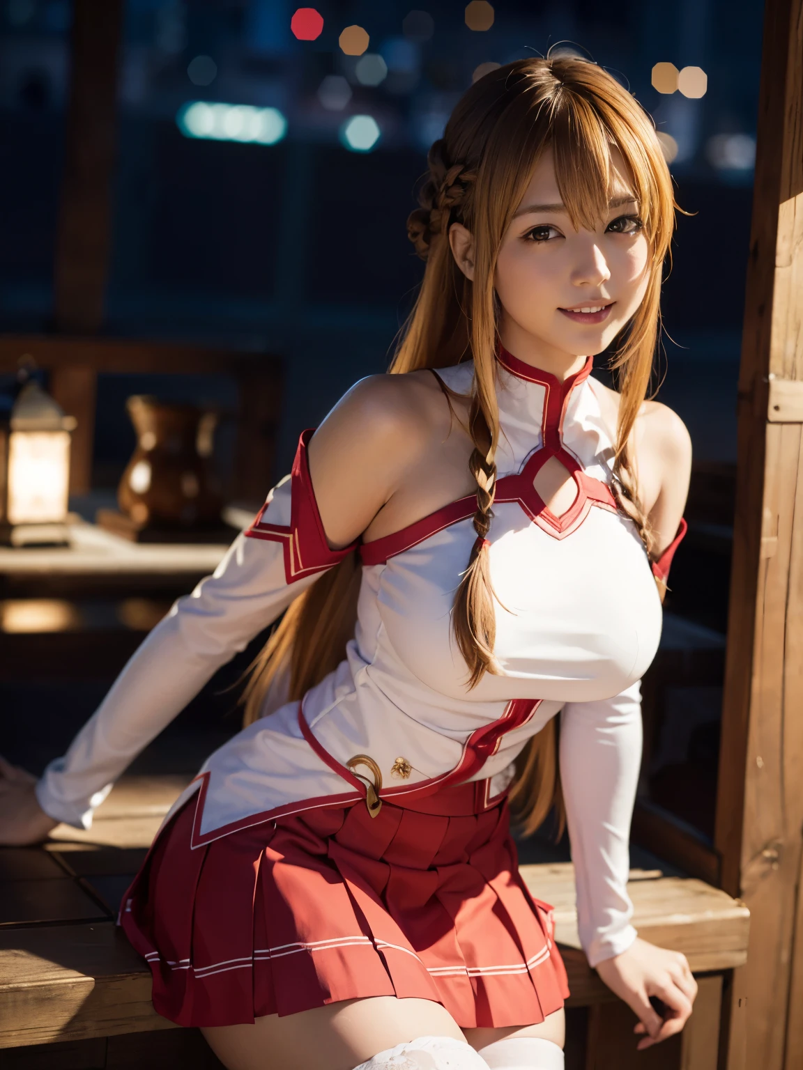 (8k, RAW photo, highest quality, masterpiece: 1.2), (realistic, photorealistic: 1.37), Super detailed, ultra high resolution, 
break
close up,
break
one girl, Beholder, beautiful and detailed face, smile, narrow, (slim waist): 1.3),  (large breasts, seductive thighs),
break
asuna, Eft_sao_asuna, ((long hair, light brown hair, braid, brown eyes)), bare shoulders, metal armor, breastplate, white sleeves, detached sleeves, red skirt, pleated skirt, white thighhighs