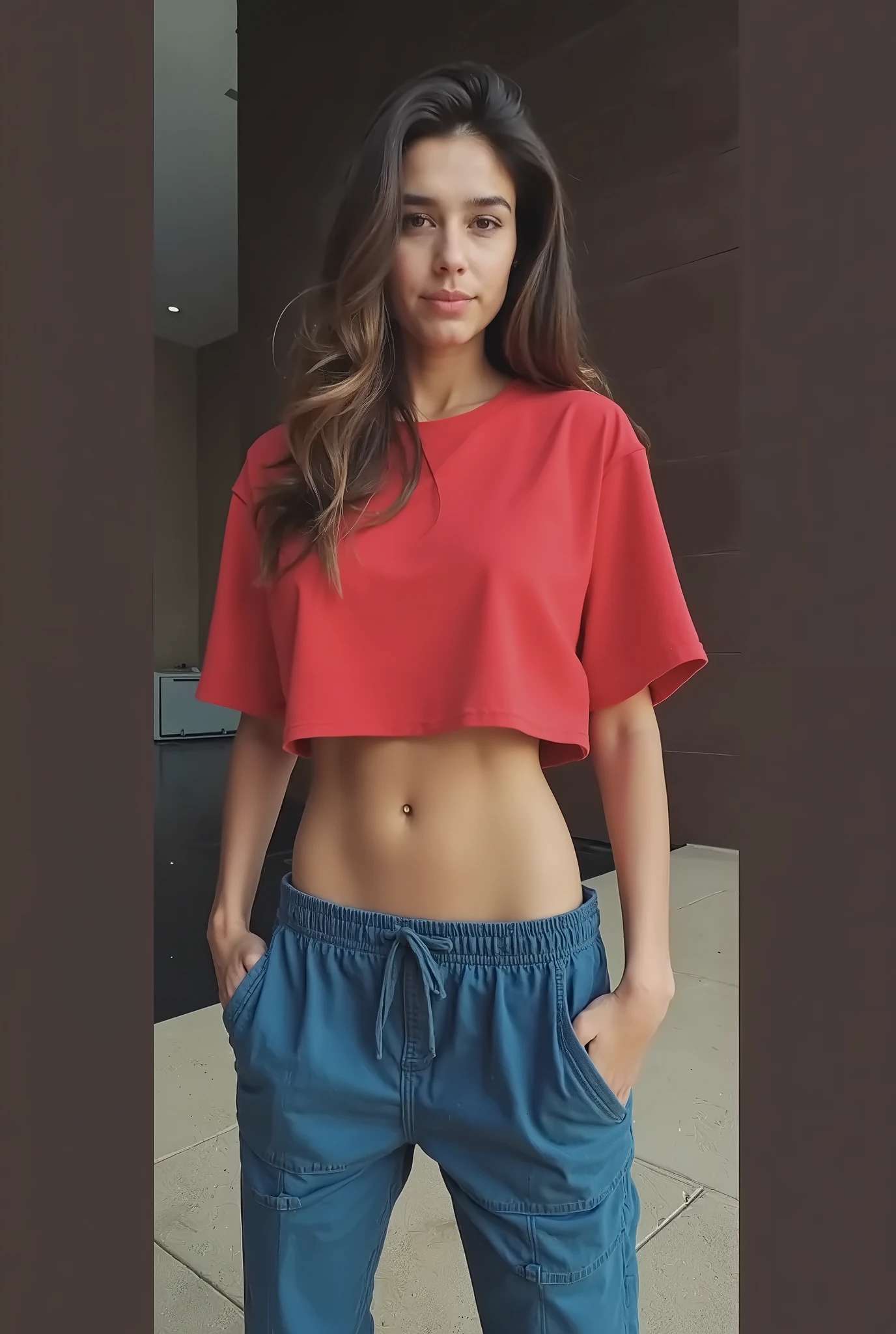 (best quality,realistic,ultra-detailed),(portrait,Indian women,Ananya Pandey:1.1),(black jeans),(red top),(visible nipple:1.1),(perfect anatomy),(full body view),(looking hot pose),(vivid colors),(studio lighting)