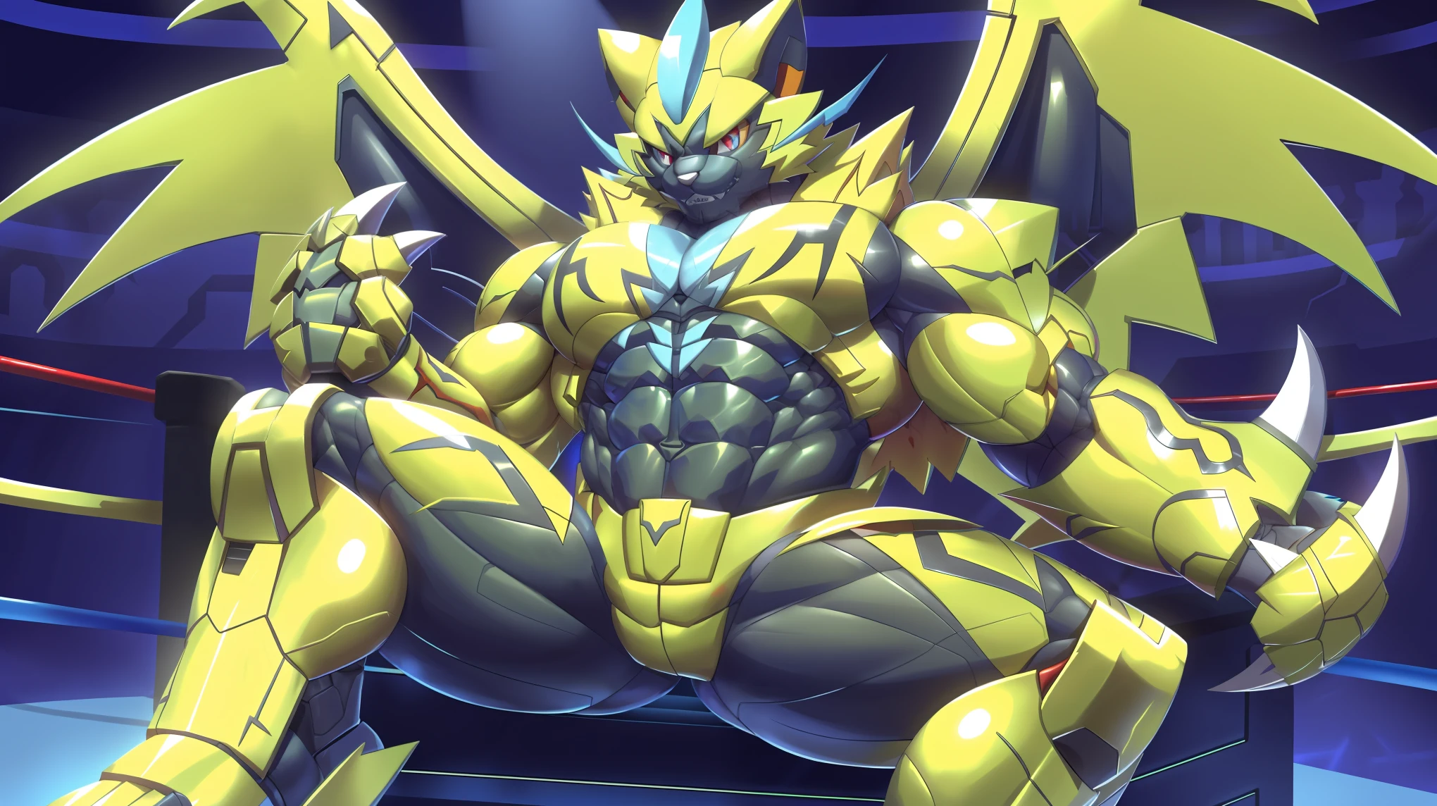 (ZERAORA, 8K), (Zeraora's giant robot, Powered exoskeleton with the same design as Zeraora), (Masterpiece, highres) (Detailed head, Detailed Body, Detailed abs, full body) (gigantic muscles, Gigachad Muscular, big muscle, pecs, triceps, traps, unusually developed muscular body, body full of huge muscles. showing off muscles, pectorales enormes, Exaggeratedly huge muscles.) (nj5furry, The claws are sharp, Sharp teeth, sharp claws), (long legs), (Spread wings, It has wings, have big wings, golden wings), (Wrestling, wrestler, the bodybuilding), (It has wings, whole body shines like metal, Wearing cyberpunk mecha, emphasizes the muscles, suit fully made of metal, intricate armor, Robotic suit, suit fully made of metal, cyborg), menacing pose, sitting on the throne. An arrogant expression.