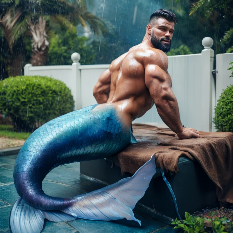  Muscular wet man with blue muscular mermaid tail instead of legs. Lies and sleeps on a leather surface . It is oiled ,  fused and oily .  It is very much oiled and wet. Rain ,  back , ass .  He is tied with a brown strong navy rope . black hair, black beard. It's raining , raining 